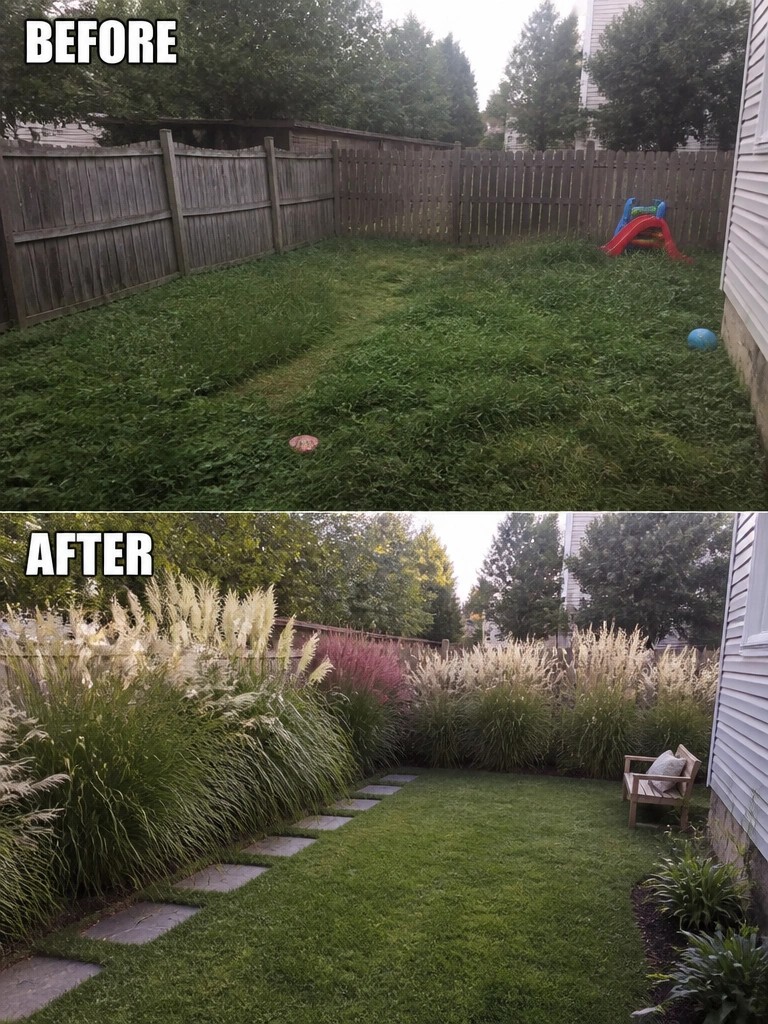 Before and after backyard renovation from overgrown weeds to landscaped grasses with path and bench.