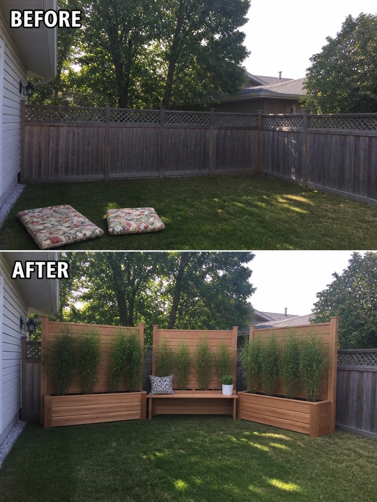 Backyard before and after with added wooden planters, benches, and tall green plants.