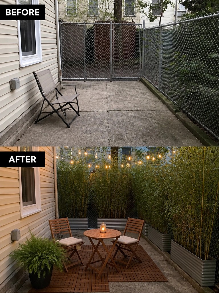 Before-and-after image of a bare concrete patio changed by adding tall bamboo in metal planters along the fence line, string lights, and a small seating area.