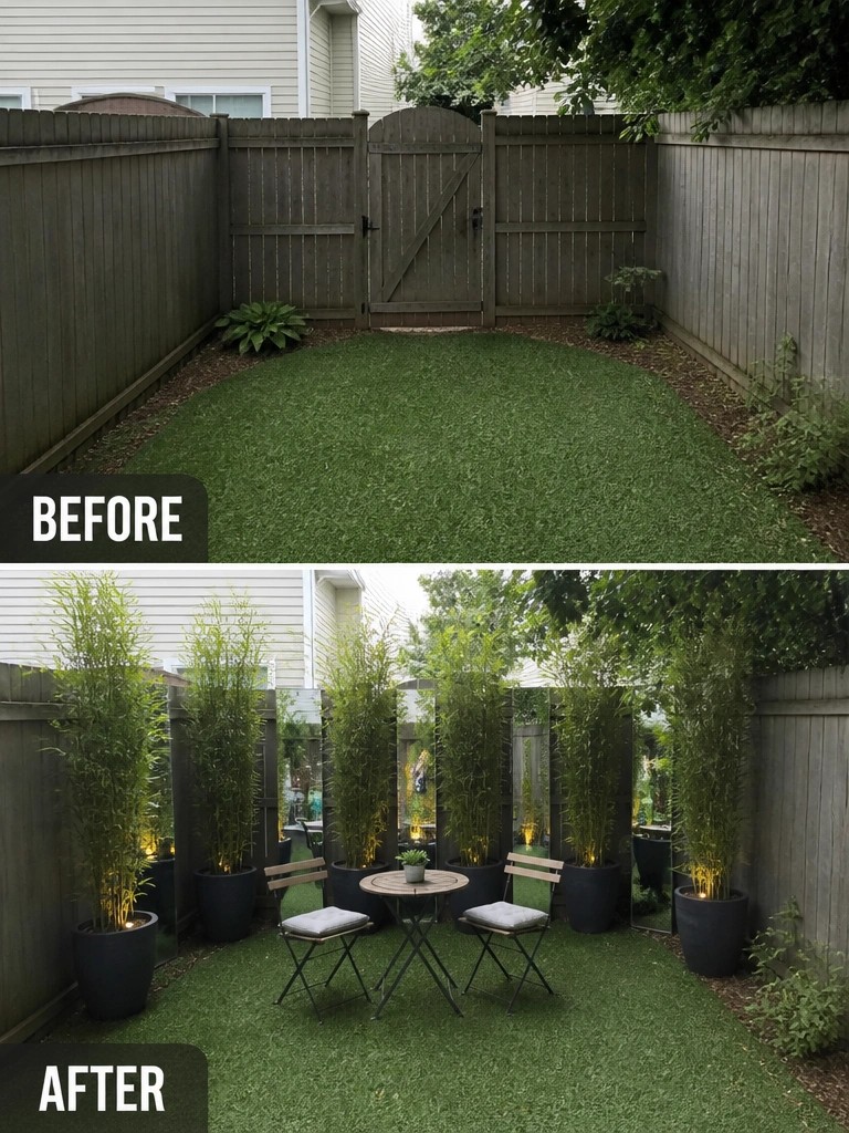 Before and after backyard with bamboo planters, lights, and bistro seating on turf