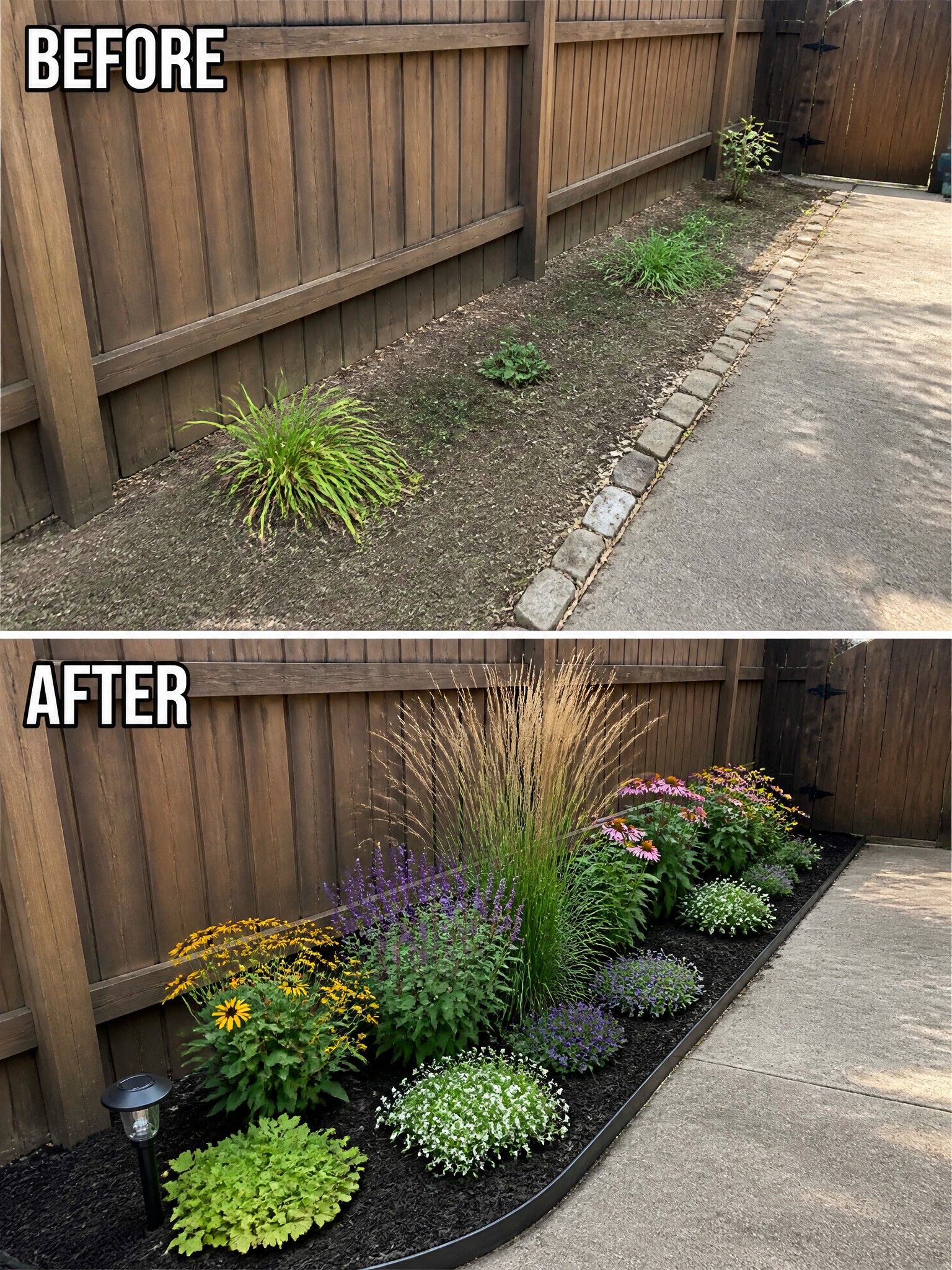 Before-and-after garden transformation featuring vibrant flowers and neatly arranged landscape.