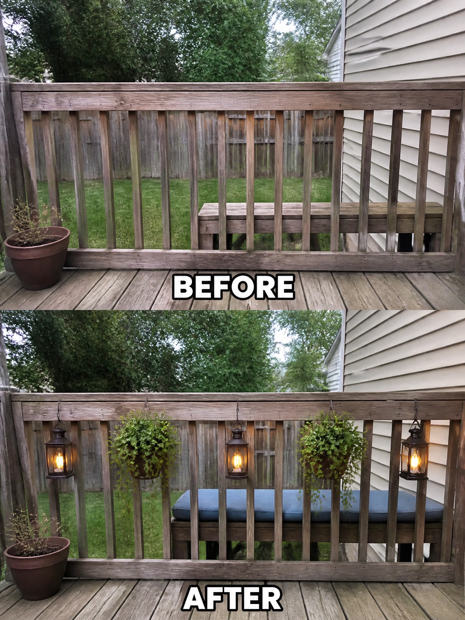 Before and after comparison of a wooden railing with added hanging plants and lanterns.