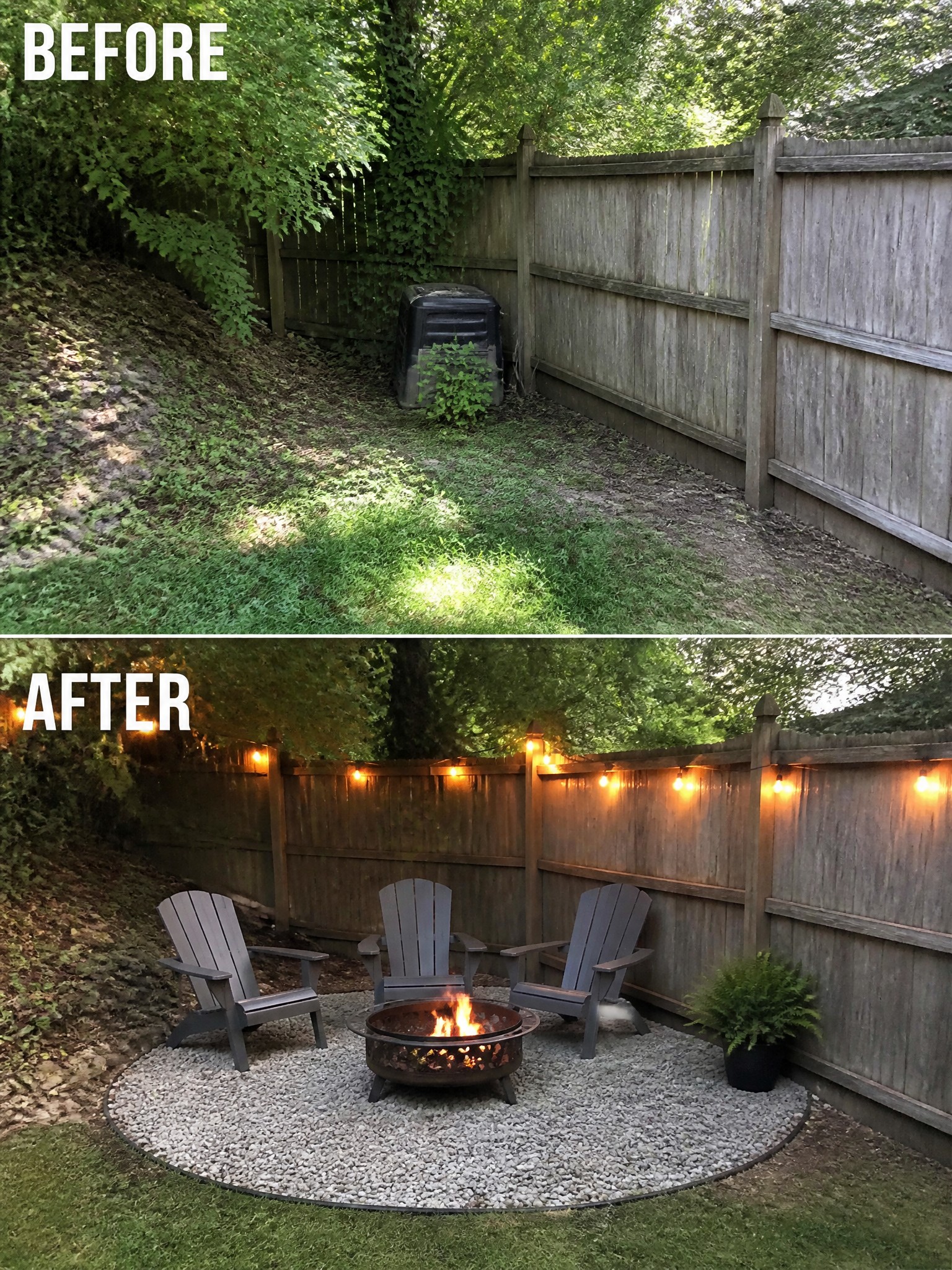 Before-and-after image of an overgrown backyard corner changed into a defined fire pit seating area with gravel, Adirondack chairs, and string lights.