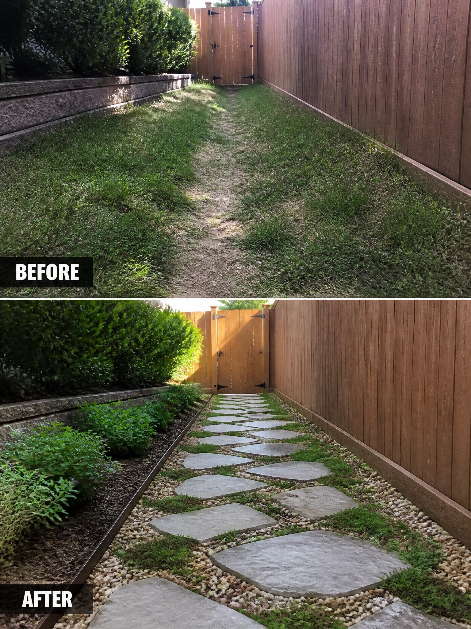 Before-and-after image of a narrow backyard path changed from overgrown grass and dirt to a defined walkway with stepping stones and gravel.