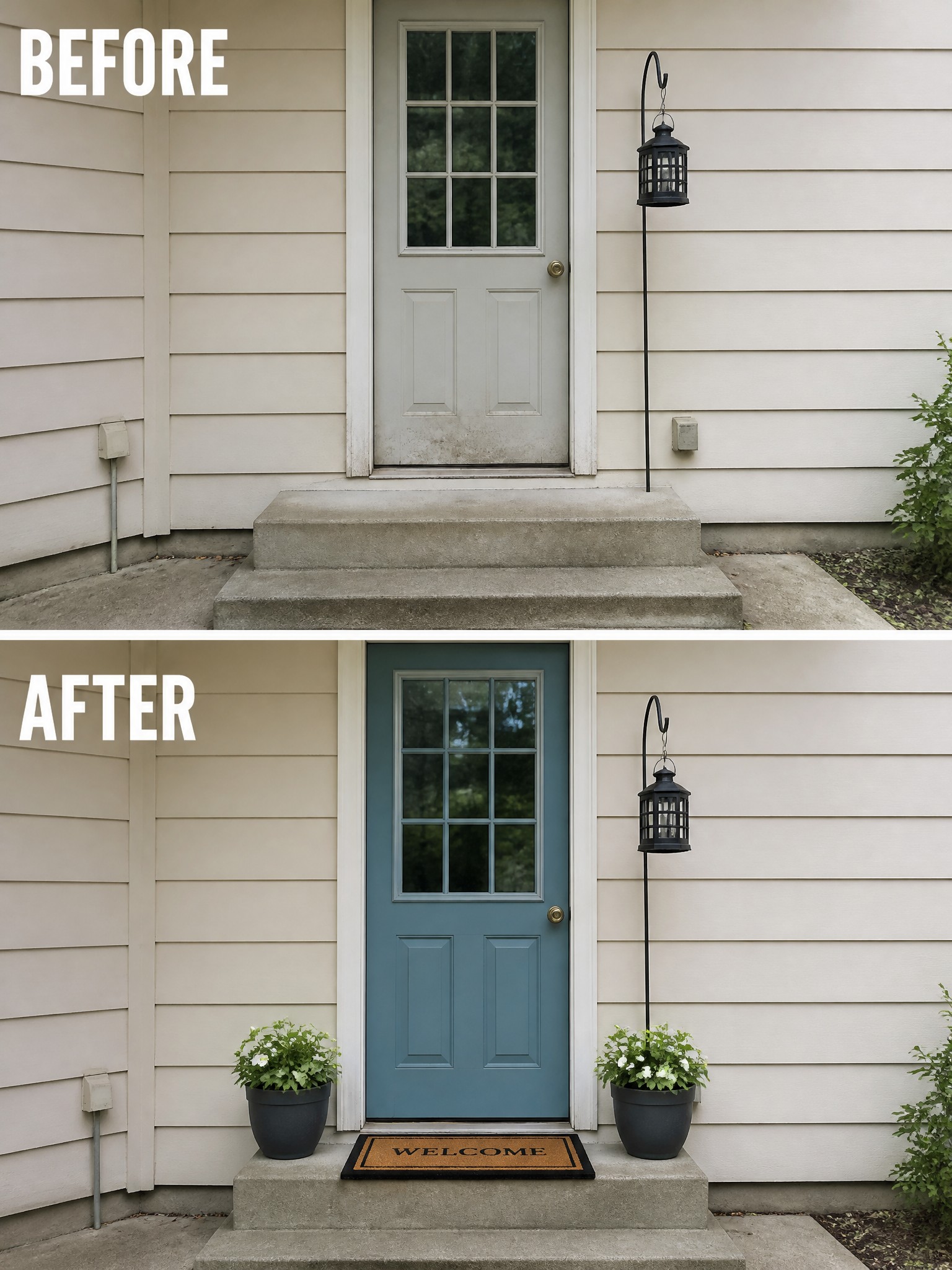 Before-and-after image of a front entry showing a changed door color and added planters on the steps.