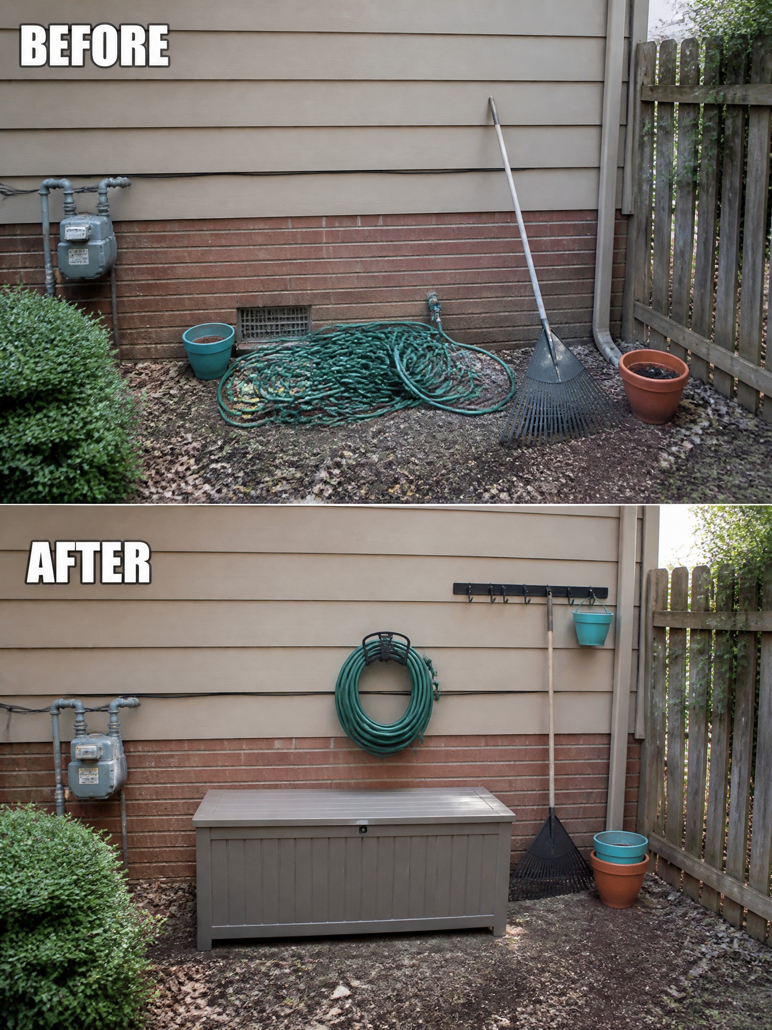 Before and after comparison of a tidy garden corner with tools and storage.
