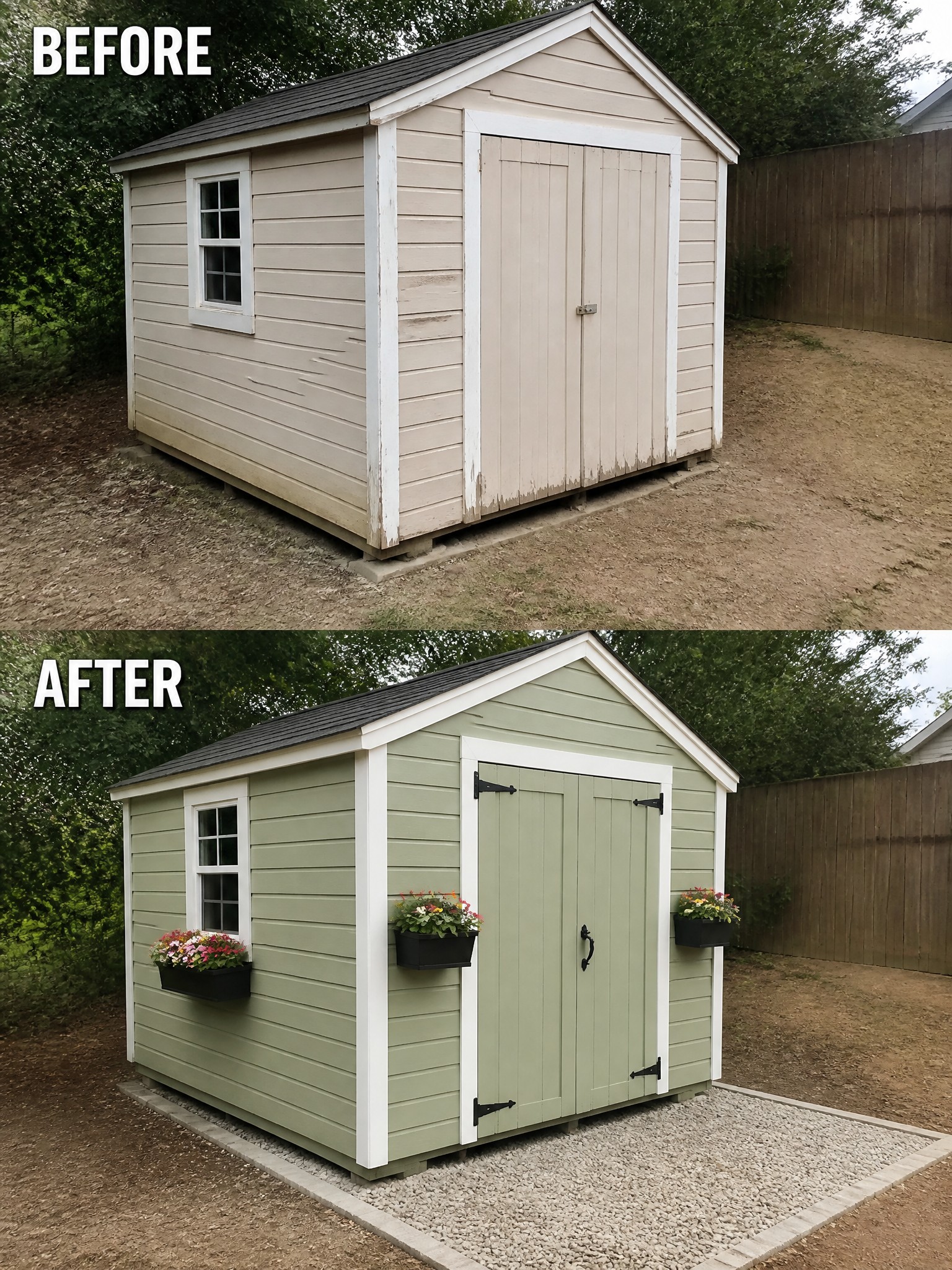 Before-and-after image of a backyard shed repainted from beige to green with new black hardware, flower boxes, and a gravel base.