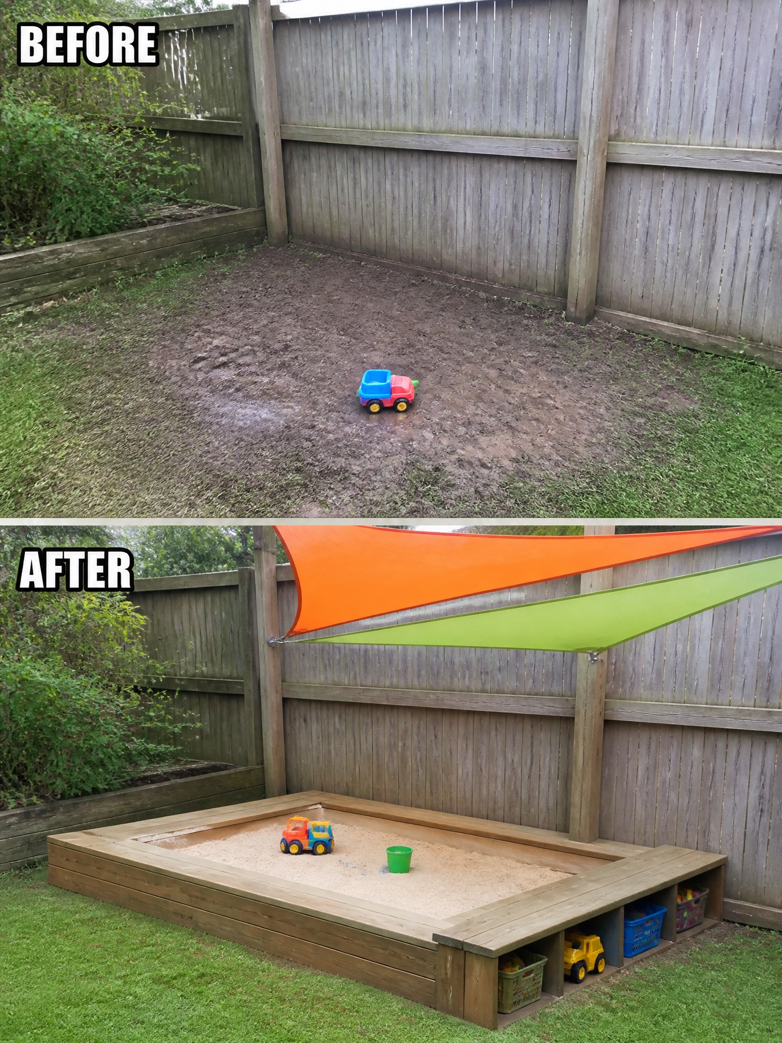 Before and after transformation of a sandbox area with toys and shade sails.