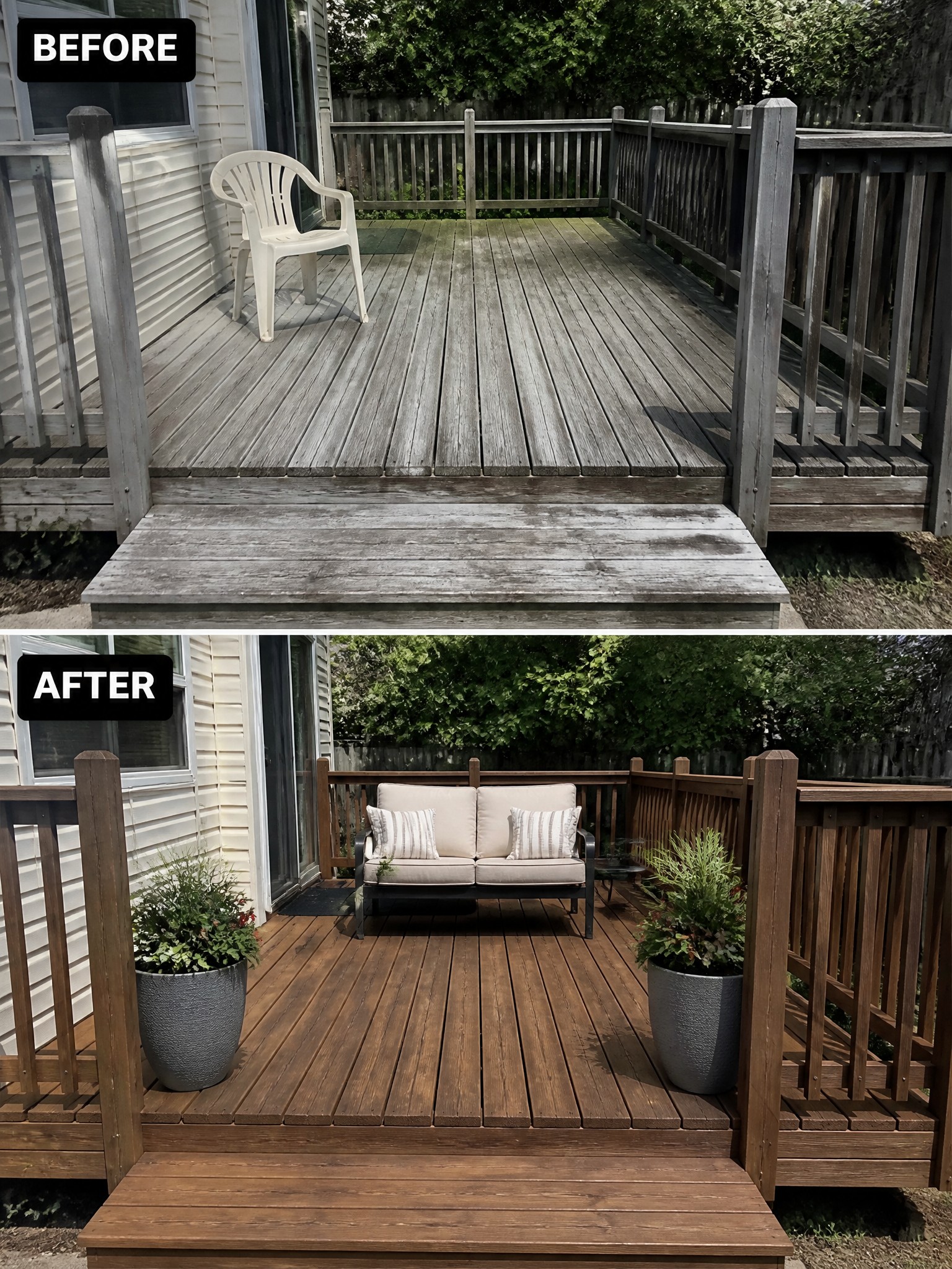 Before and after view of a deck, showing transformation from worn wood to a polished, inviting space with seating and plants.
