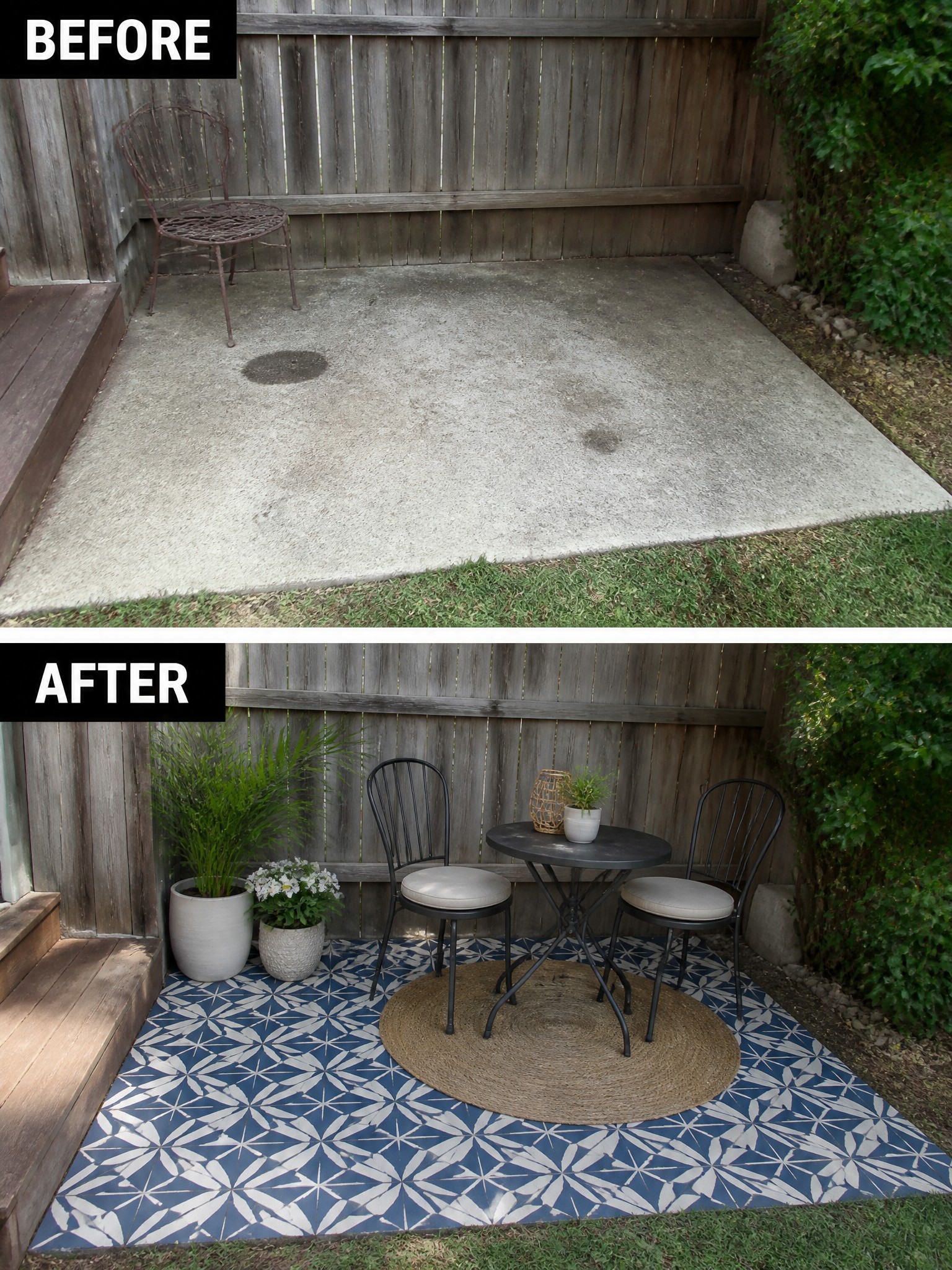 Before-and-after image of a plain concrete patio turned into an outdoor seating area with a patterned rug, table, chairs, and potted plants.