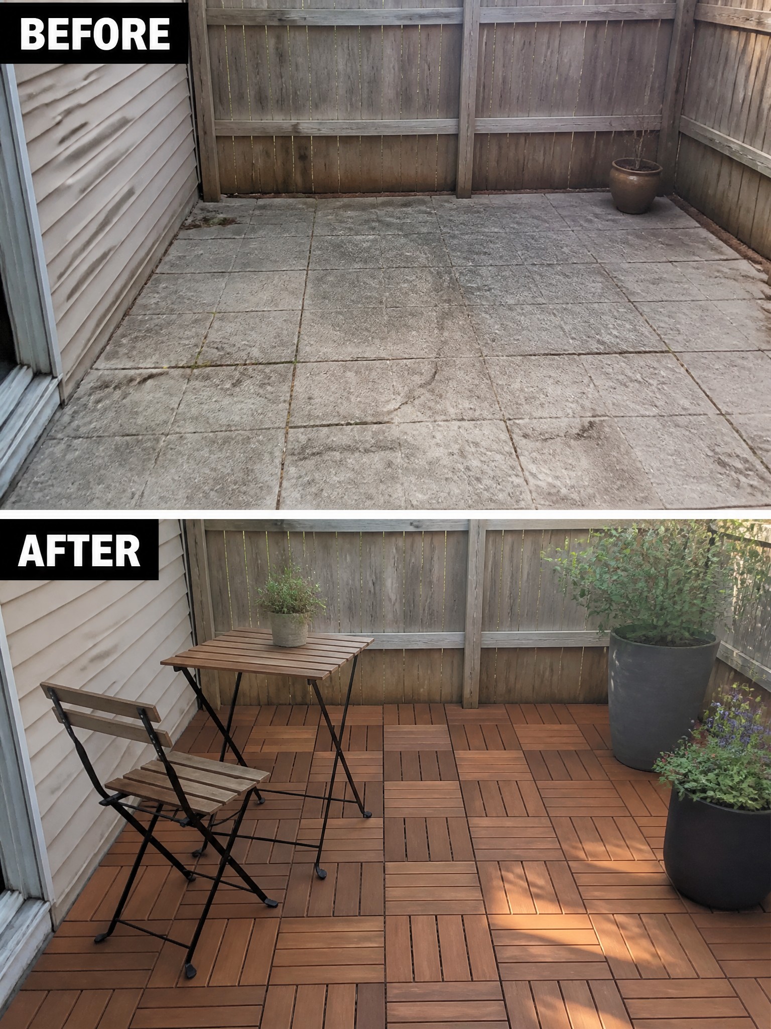 Before and after patio transformation with wooden tiles, plants, and furniture.
