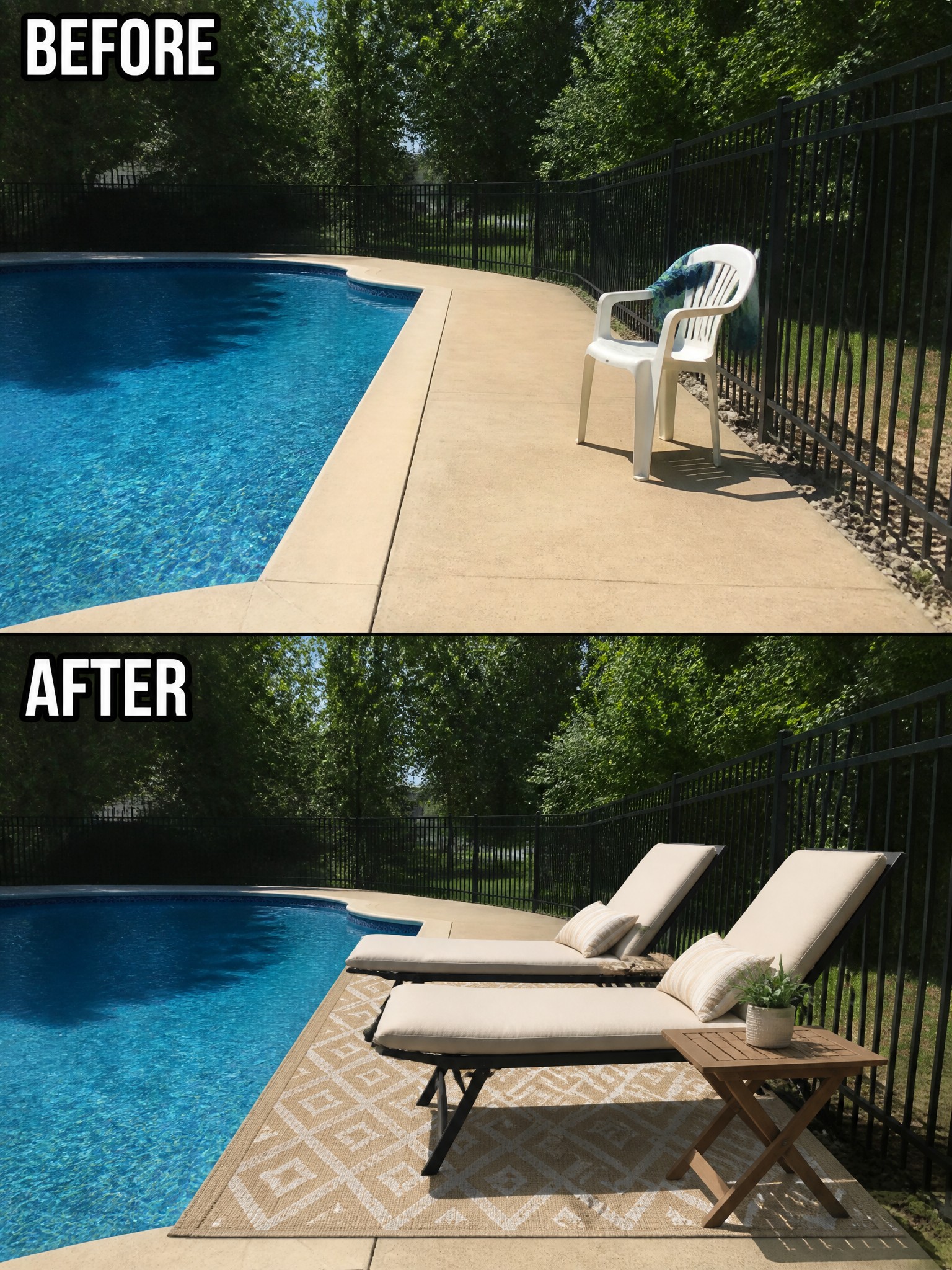 Before-and-after image of a poolside concrete patio changed from one plastic chair to two lounge chairs with cushions, a patterned outdoor rug, and a small side table.