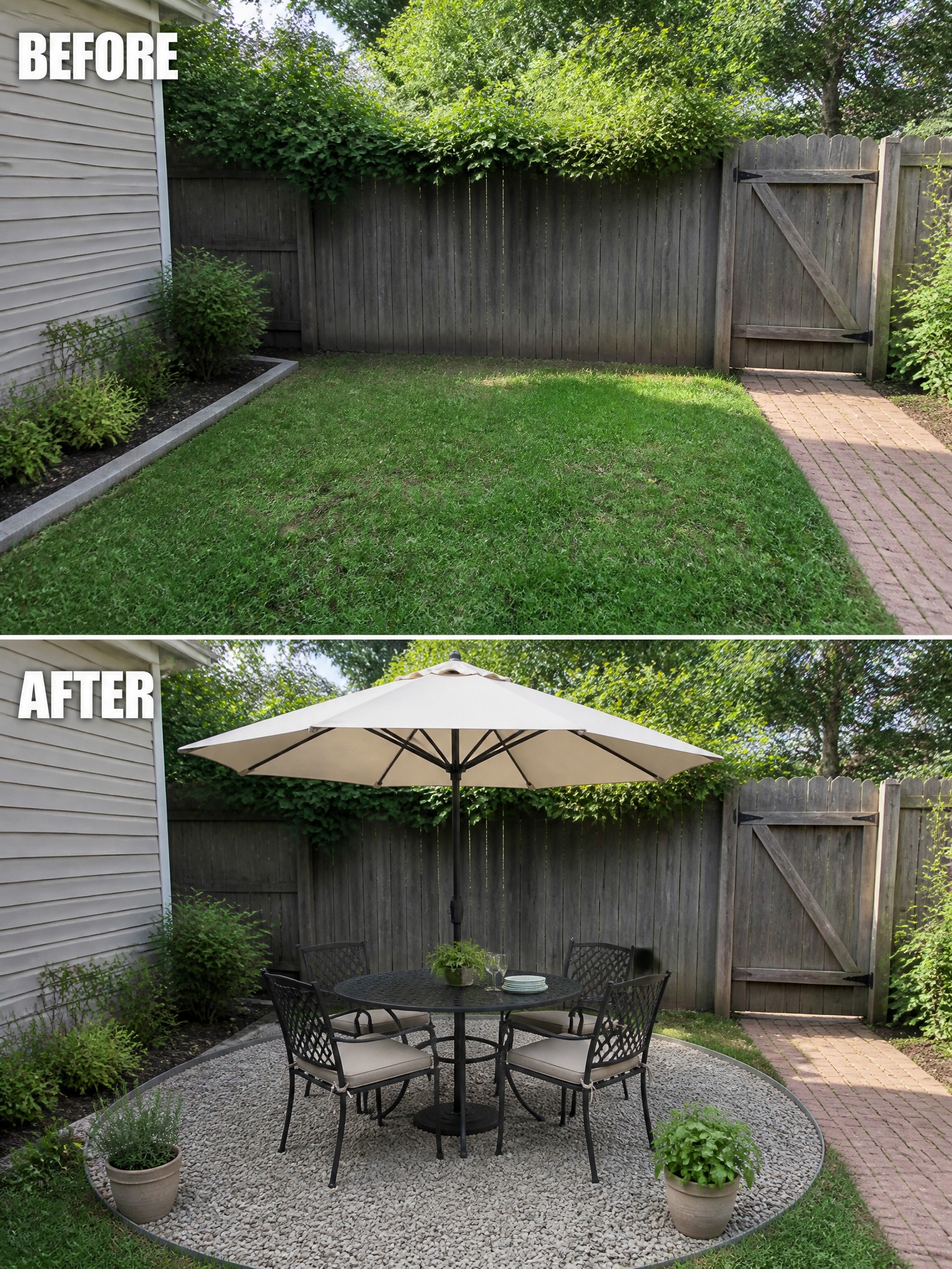 Before and after transformation of a backyard with a stone patio and seating area.