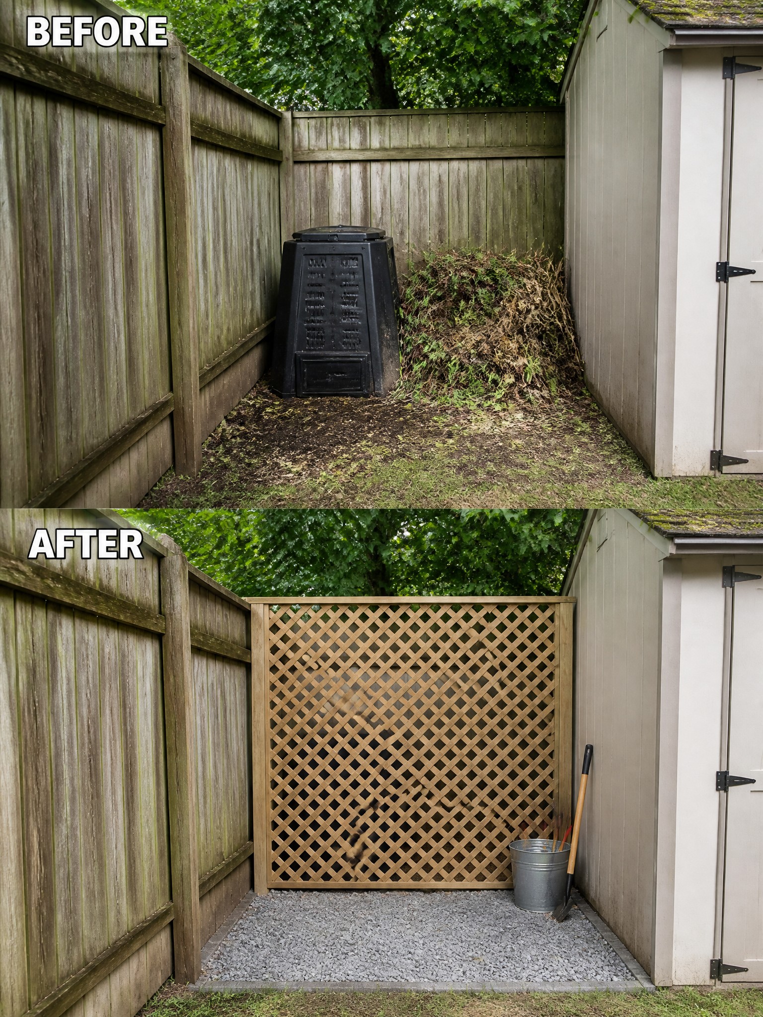 Before and after transformation of a backyard corner with gravel, lattice, and compost bin.