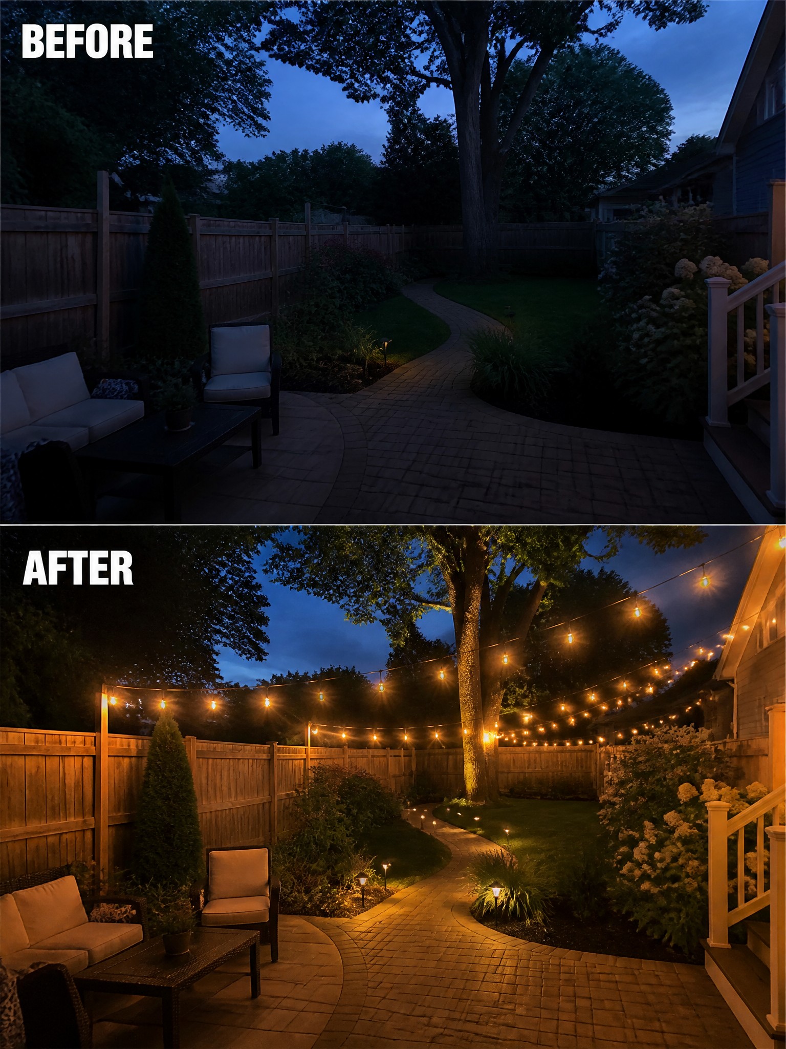 Backyard before and after lighting installation, revealing string lights and pathway illumination.