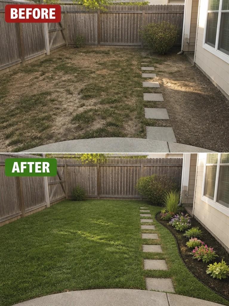 Before-and-after image of a patchy backyard changed into a green lawn with a stepping stone path and a planted garden border.