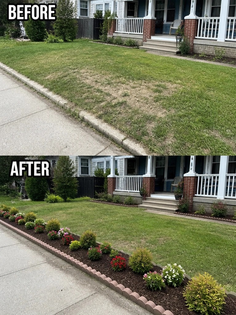 Before-and-after image of a patchy front lawn changed by adding a mulched garden bed with edging and border plants along the sidewalk.