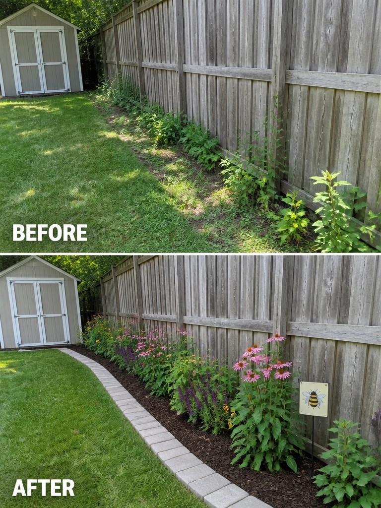Before-and-after image of an overgrown fence line changed into a mulched garden bed with stone edging and flowers.