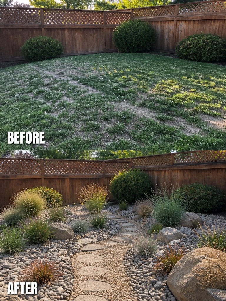 Before and after backyard transformation from weedy lawn to stone path garden.