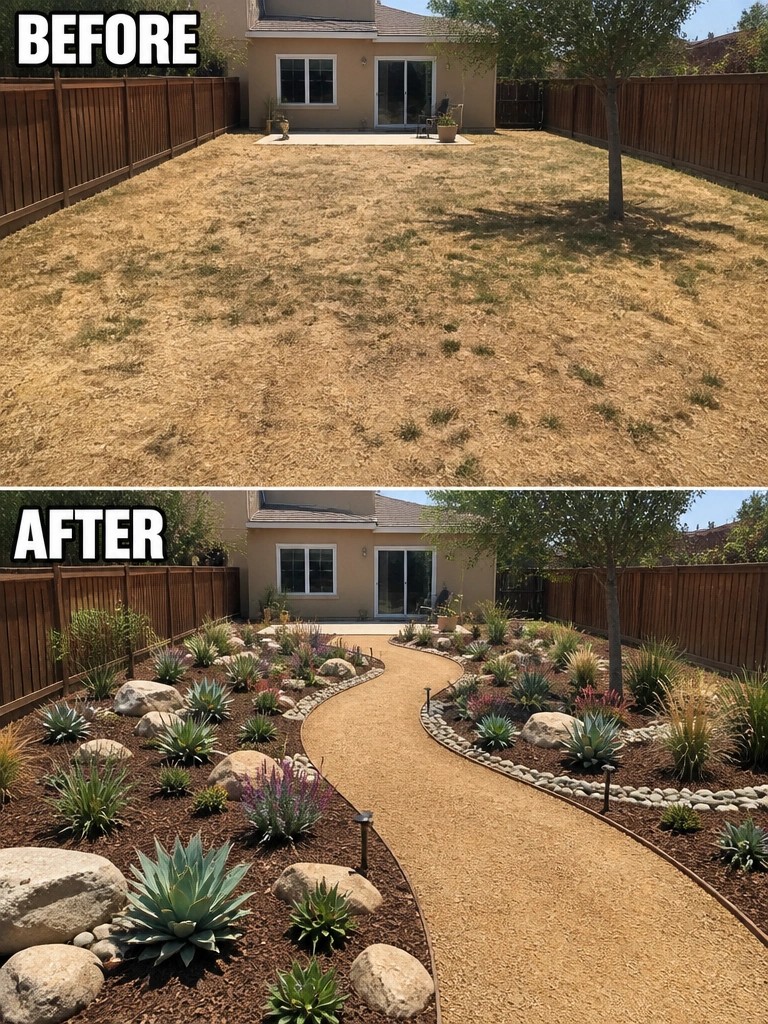 Before and after backyard makeover from dry lawn to succulent garden with winding path