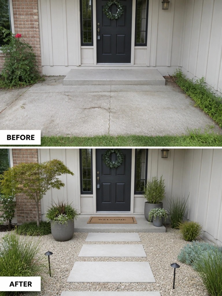 Before and after of front entrance with new gravel path, plants and stepping stones.