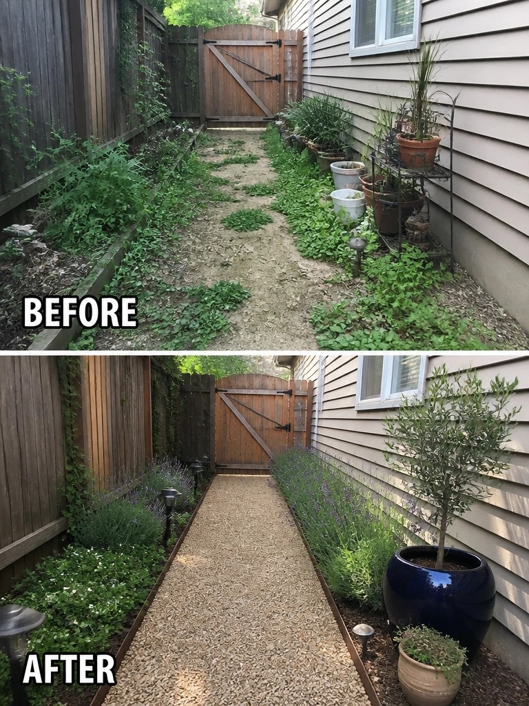 Before-and-after image of an overgrown side yard transformed into a neat gravel path with edged garden beds and structured planting.