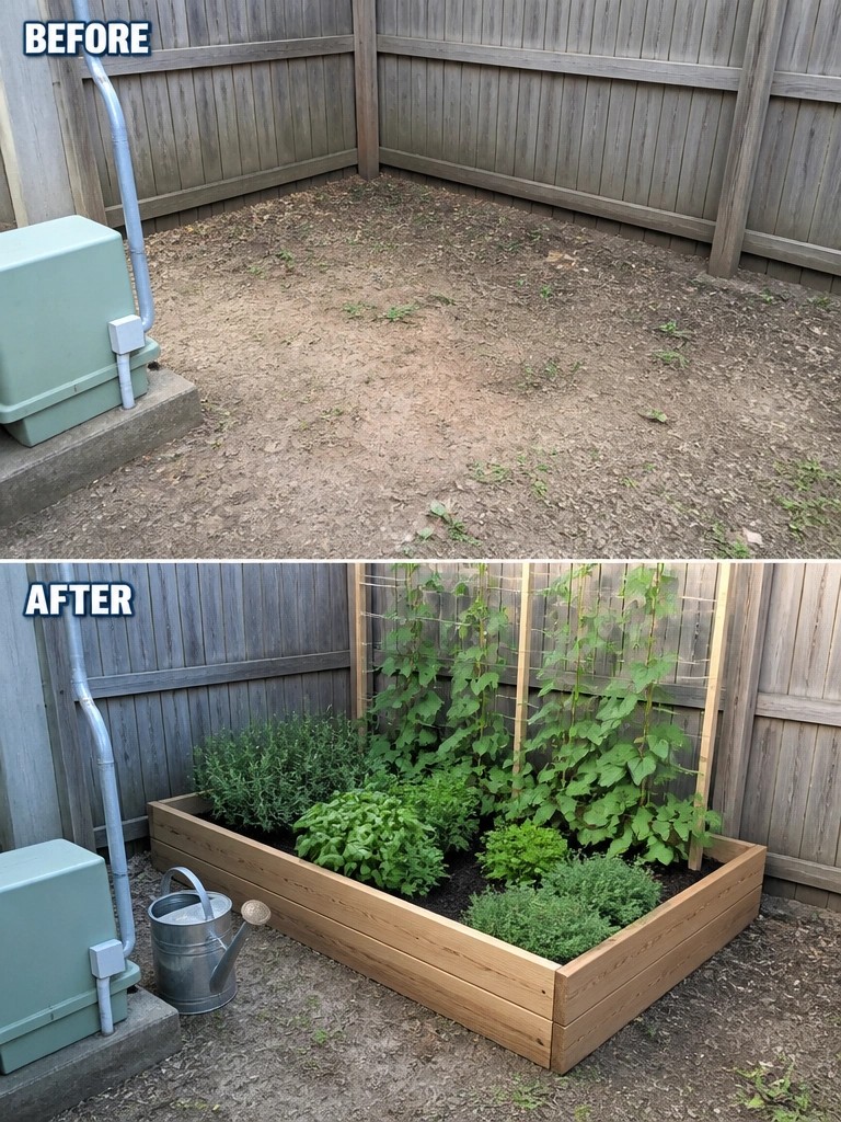 Before and after of fenced yard with new raised garden bed of plants and trellis.