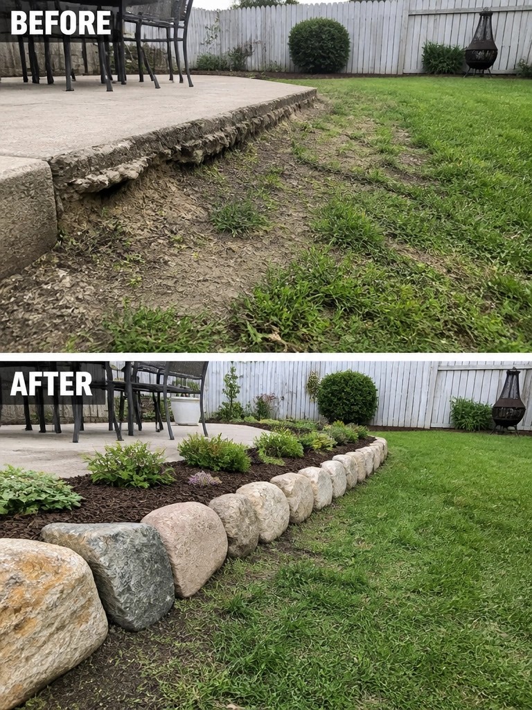 Before and after of eroded patio edge fixed with rock border and mulch garden bed.