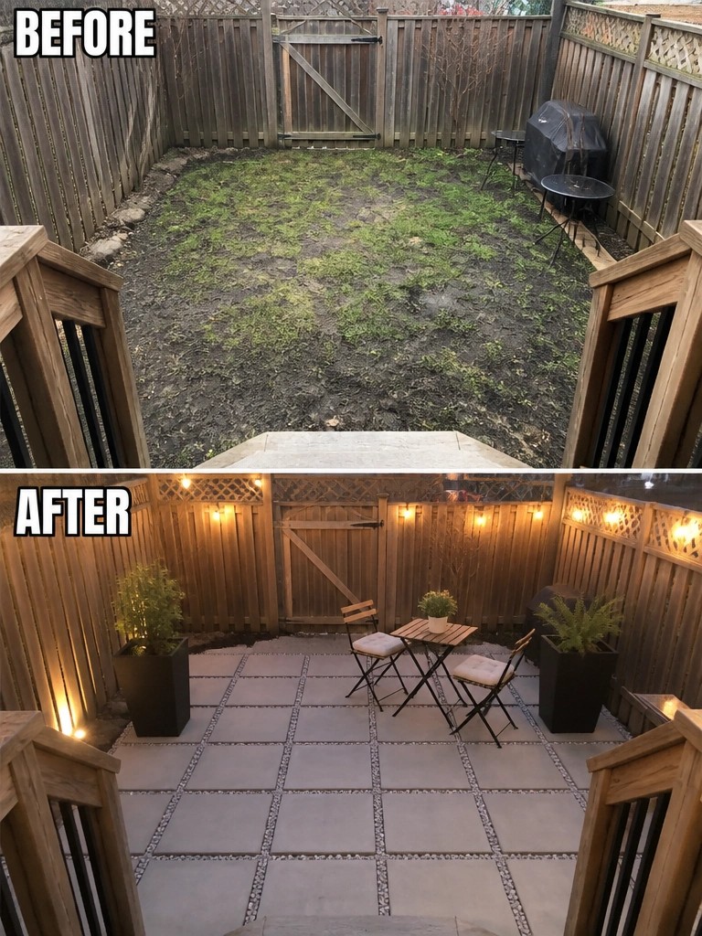 Before and after backyard makeover from dirt yard to lit stone patio with furniture
