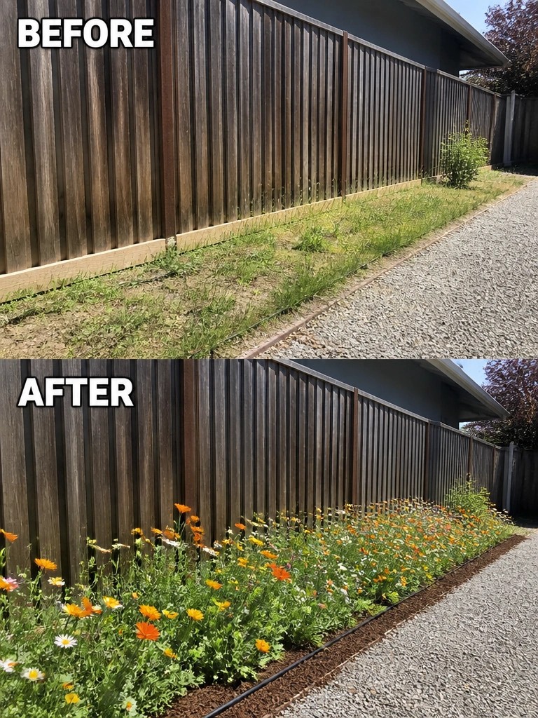 Before and after of weedy strip transformed into colorful flower bed along fence.