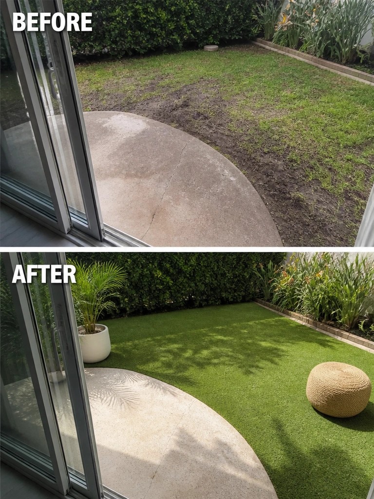 Before and after patio with patchy lawn replaced by artificial turf and potted plant.