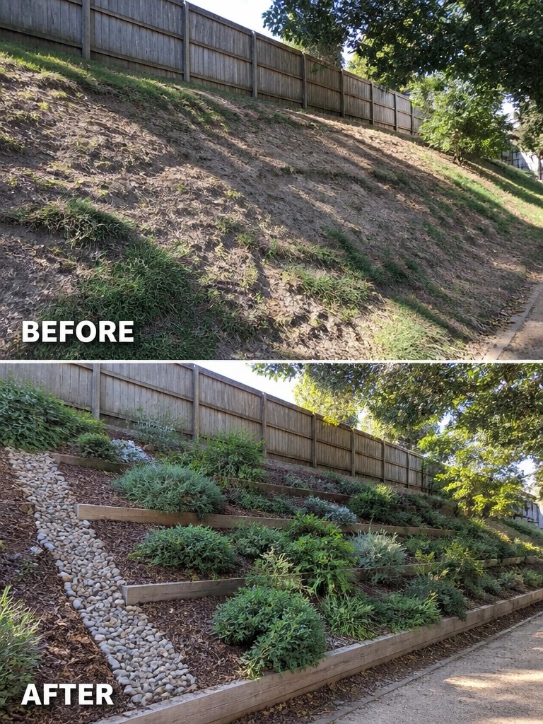 Before and after of bare slope transformed into terraced garden with plants and rocks.