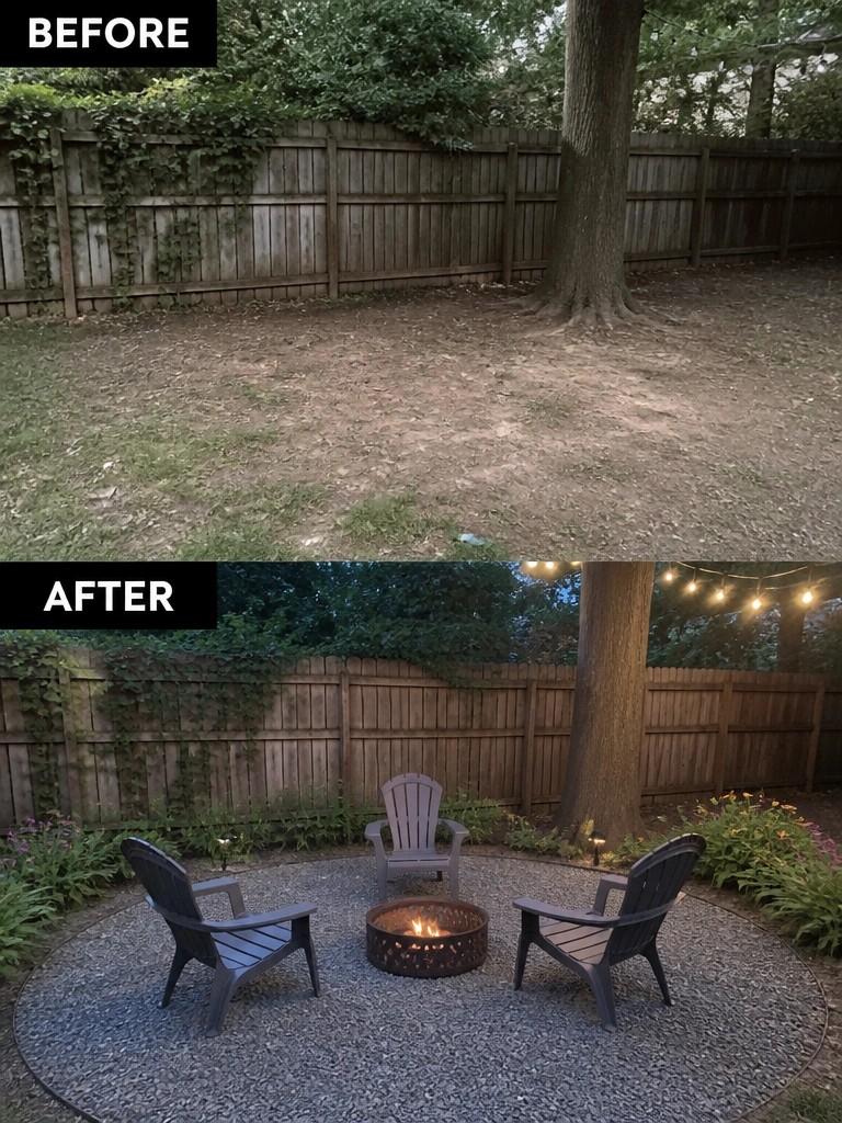Before-and-after image of a bare dirt backyard changed into a gravel fire pit seating area with chairs, string lights, and border plantings.