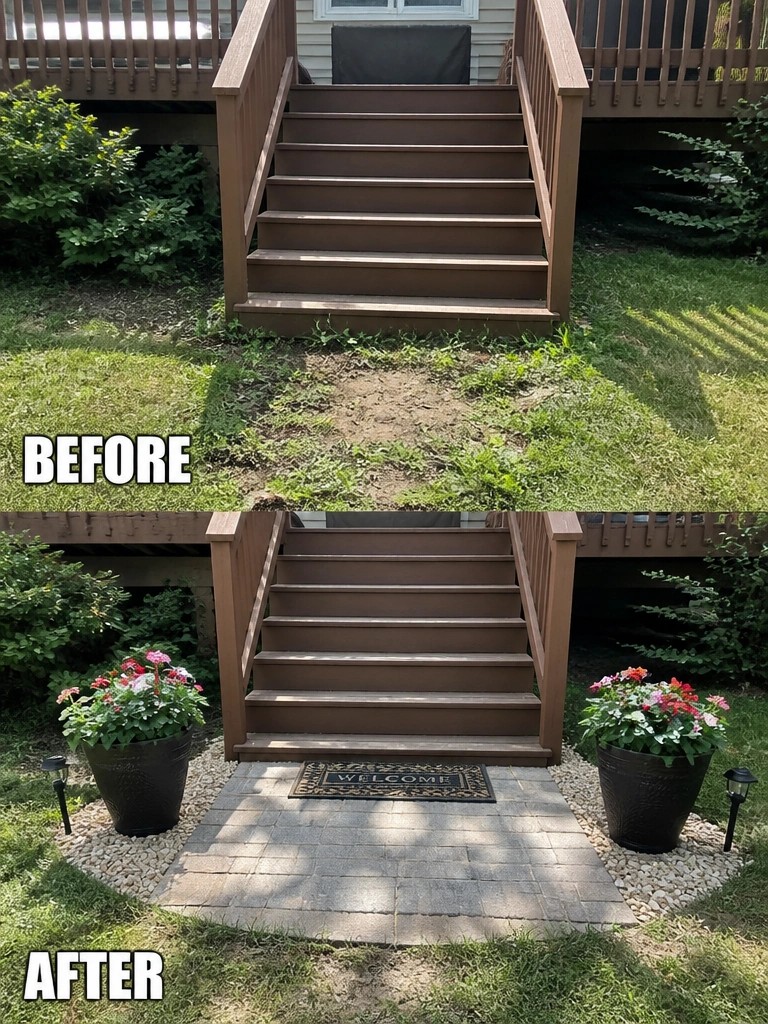 Wooden deck stairs before bare dirt ground and after with stone pavers flower pots
