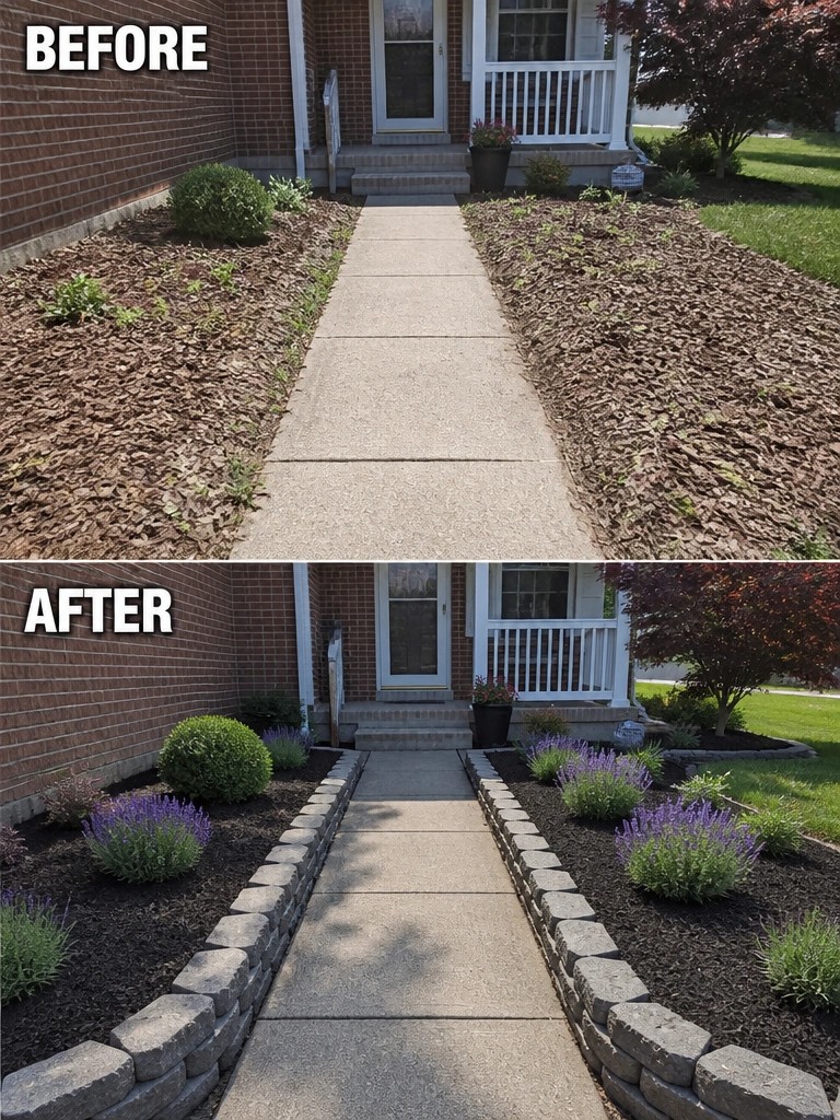 Before-and-after image of a front walkway with mulch beds updated by adding stone edging and structured planting.