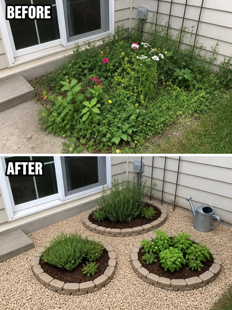 Before-and-after image of an overgrown garden bed next to a house changed into neat circular beds with stone edging, gravel, and organized plantings.