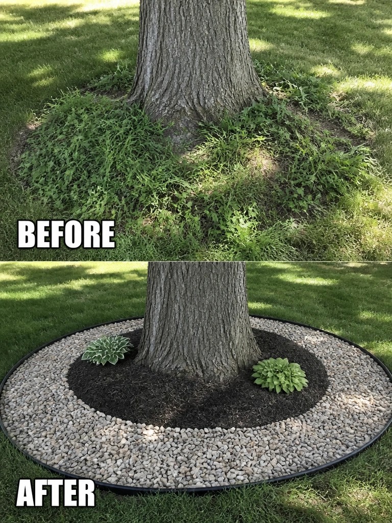 Before-and-after tree base: overgrown weeds replaced by mulched circle with rocks and hostas.