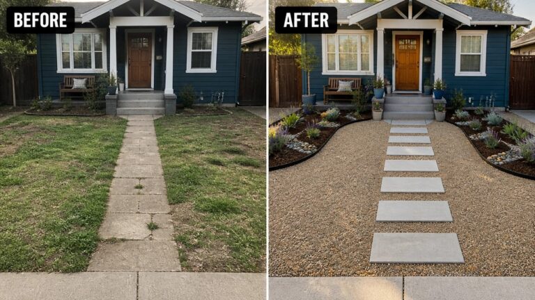 Before and after house front yard with gravel path and garden beds.