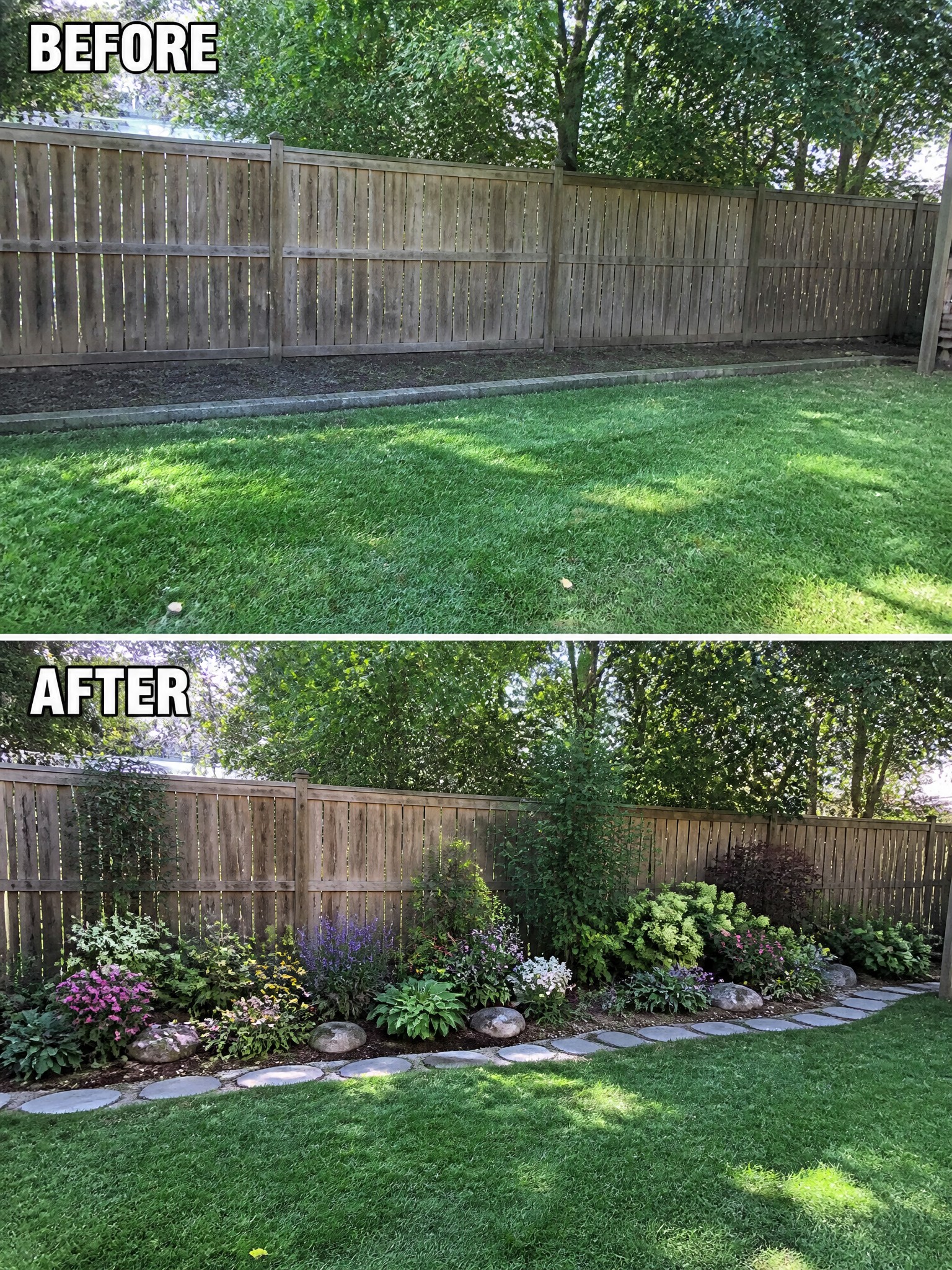 Before and after shots of a garden transformation featuring flowers and stones along a fence.