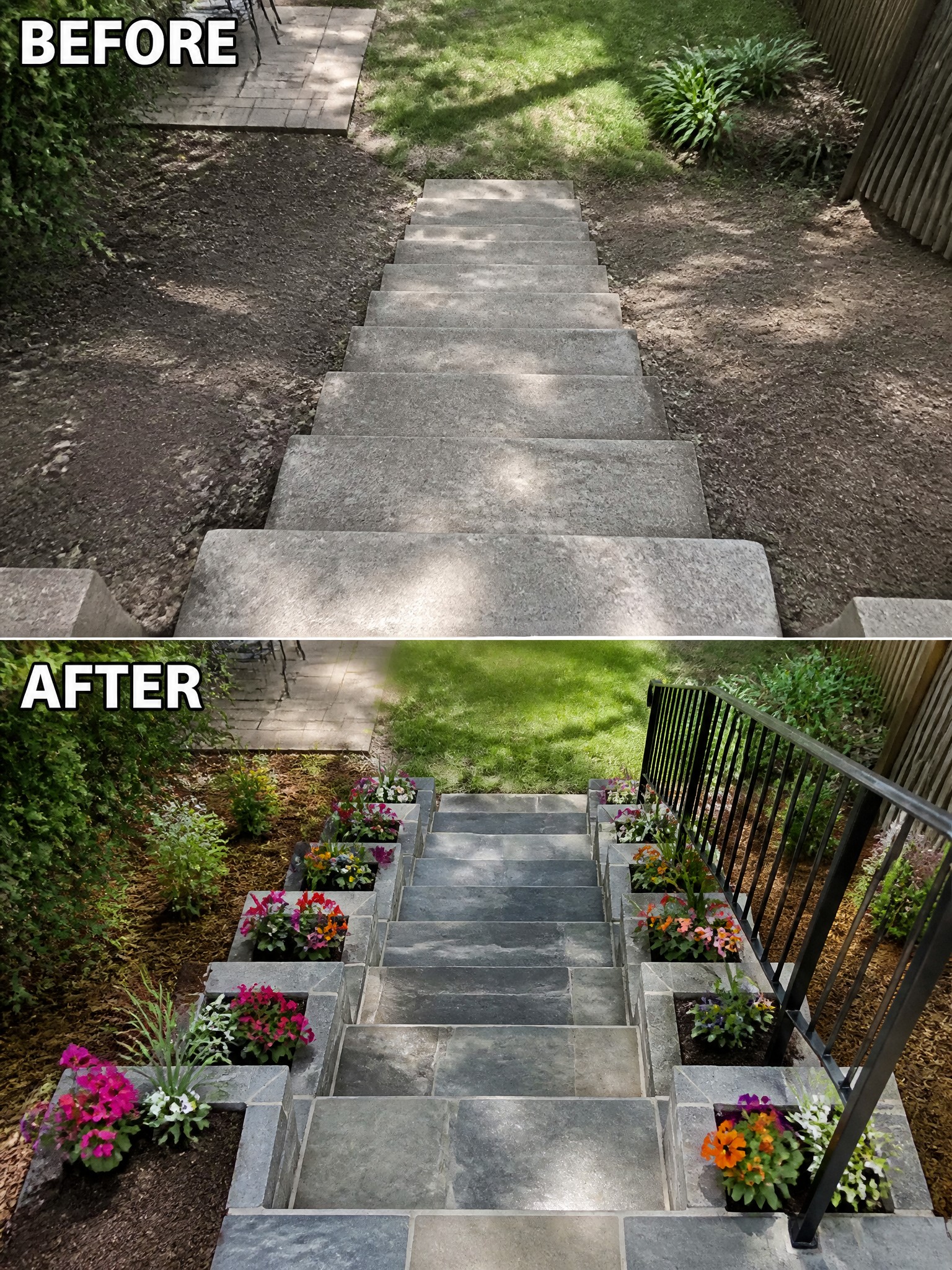 Before-and-after image of backyard stairs updated with stone planters filled with flowers and a black metal railing.