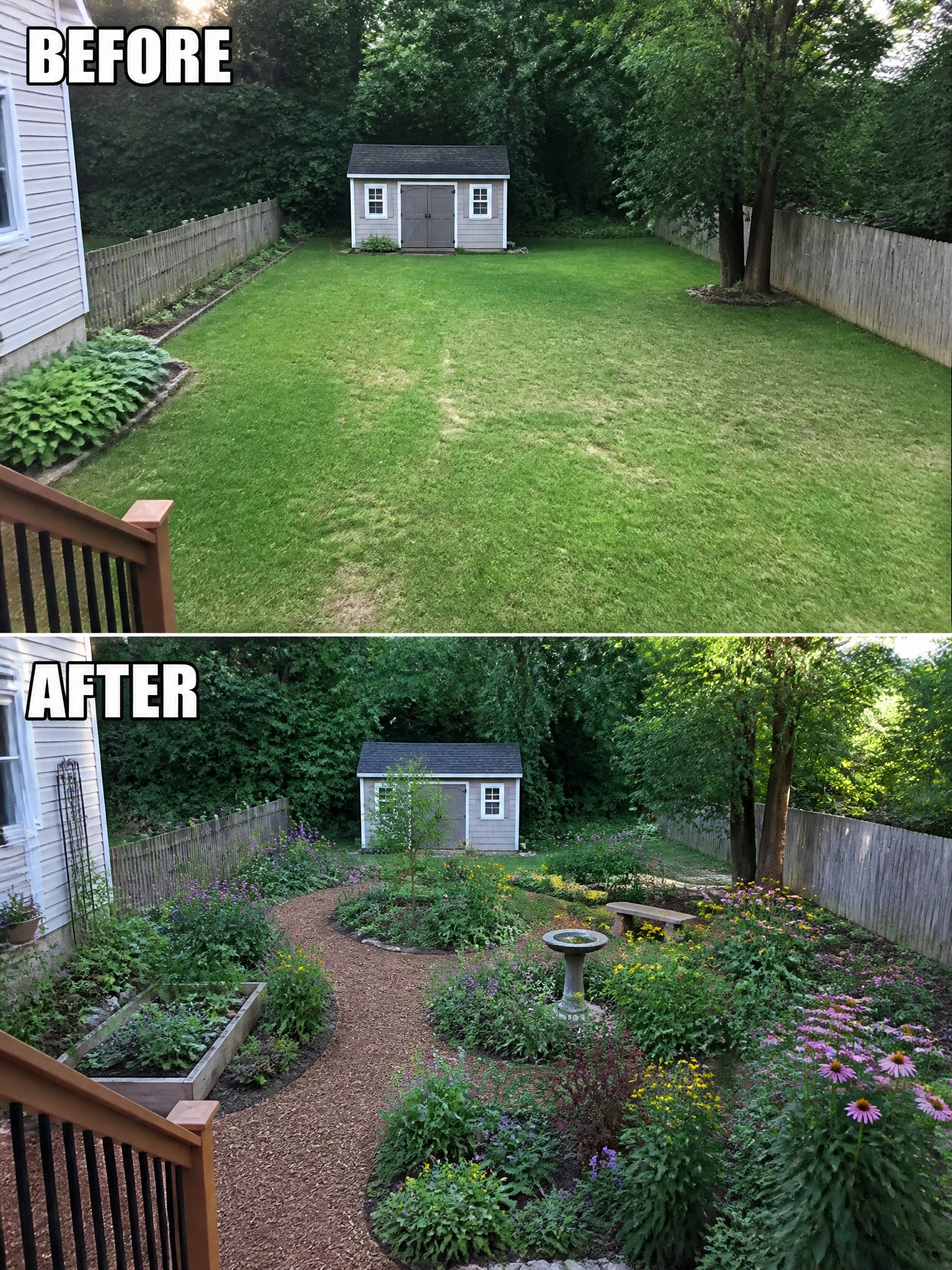 Before-and-after view of a garden, showing transformation from lawn to flowerbeds and paths.