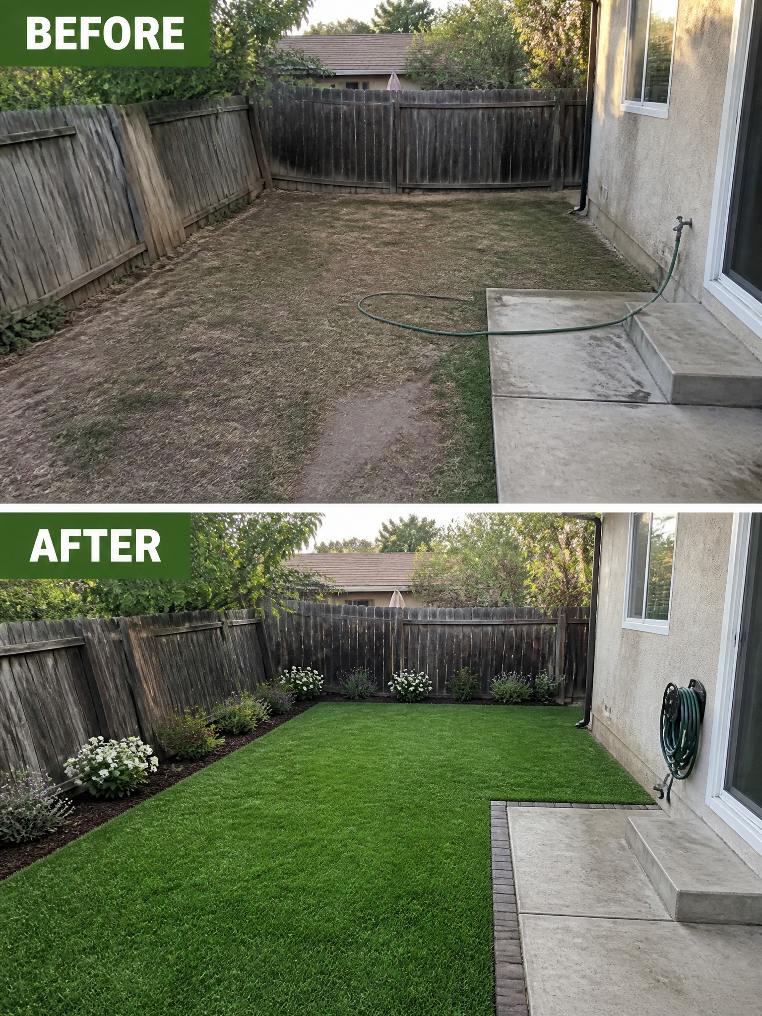 Before and after transformation of a backyard, showing dry grass and lush artificial turf.