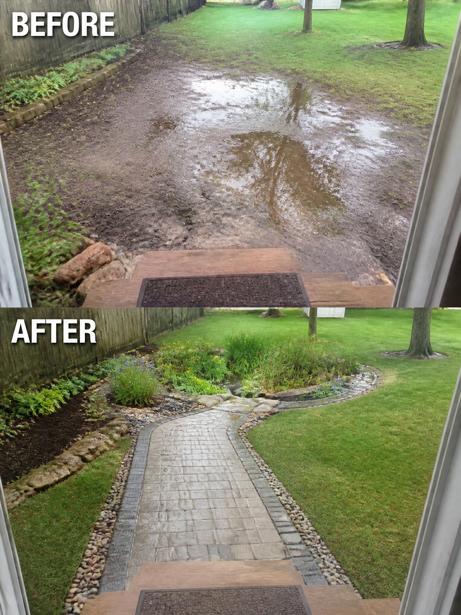 Before-and-after image of a muddy backyard path changed into a stone walkway lined with gravel and planted garden beds.