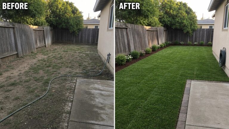 21 Beautiful Backyard Before and After Ideas for A More Usable Yard Before and after transformation of a backyard, showing dry grass and lush artificial turf.