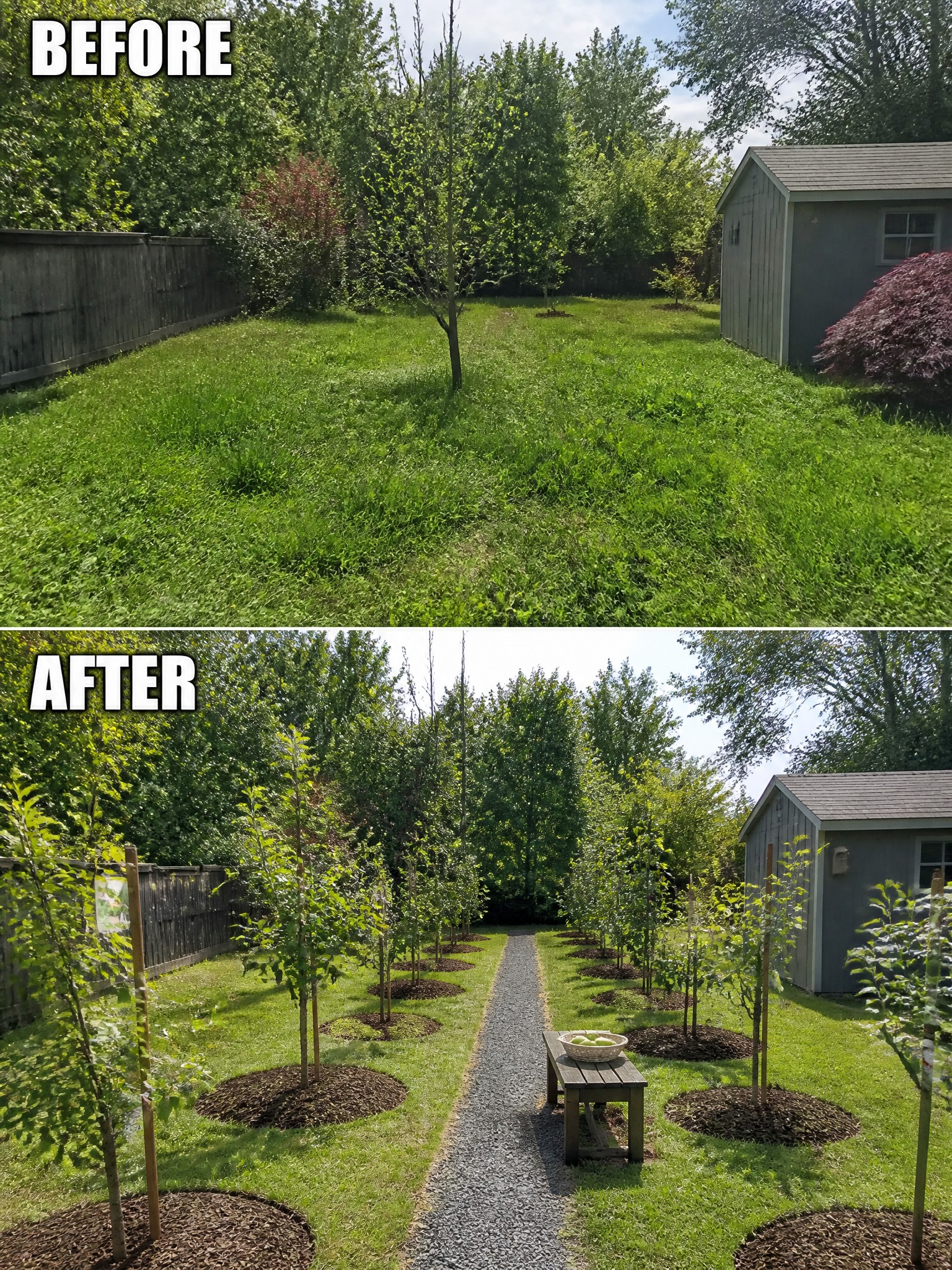 Before and after garden transformation showcasing neat rows of young trees and pathways.