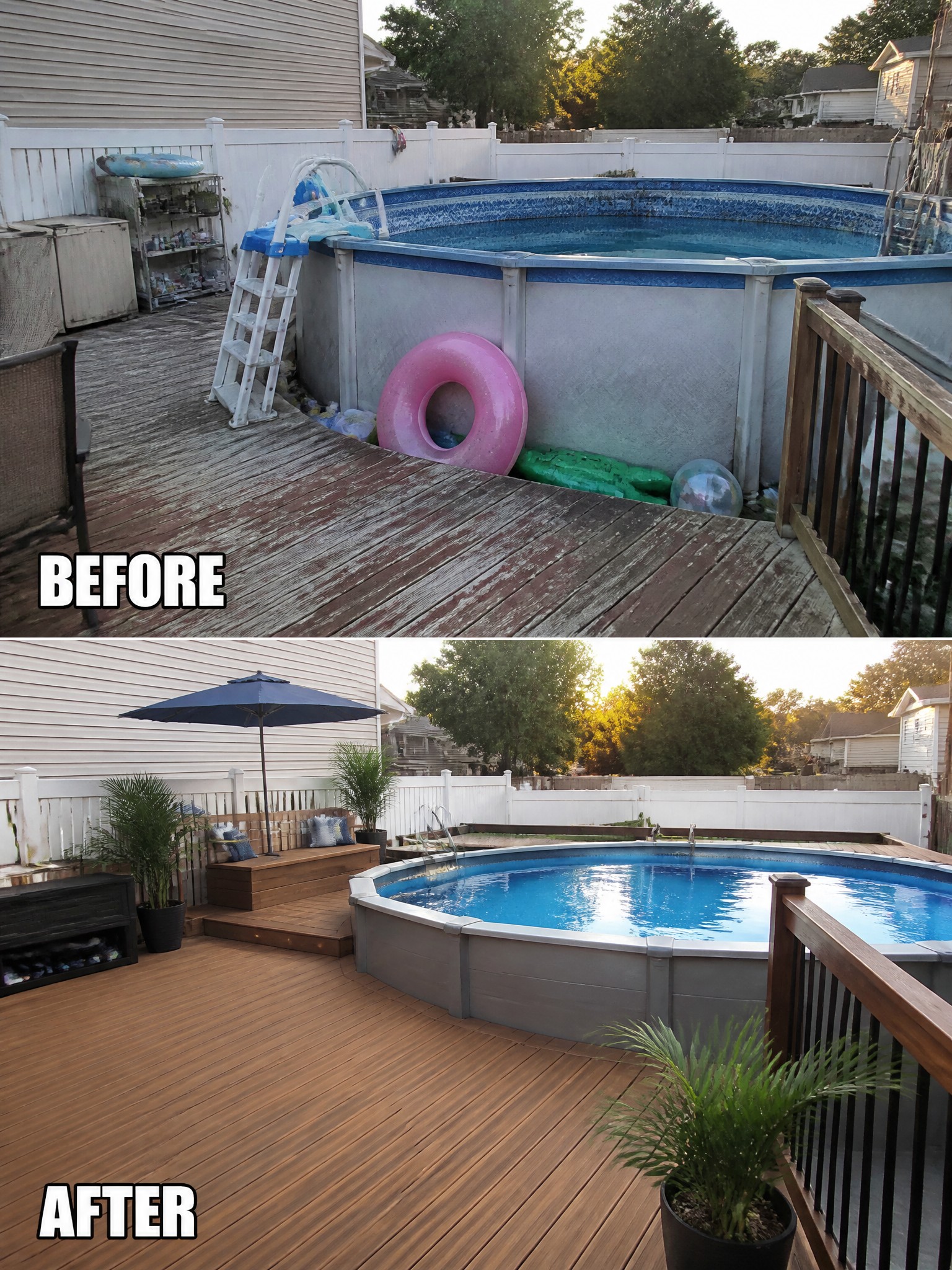 Before and after transformation of a pool area with new decking and decor.