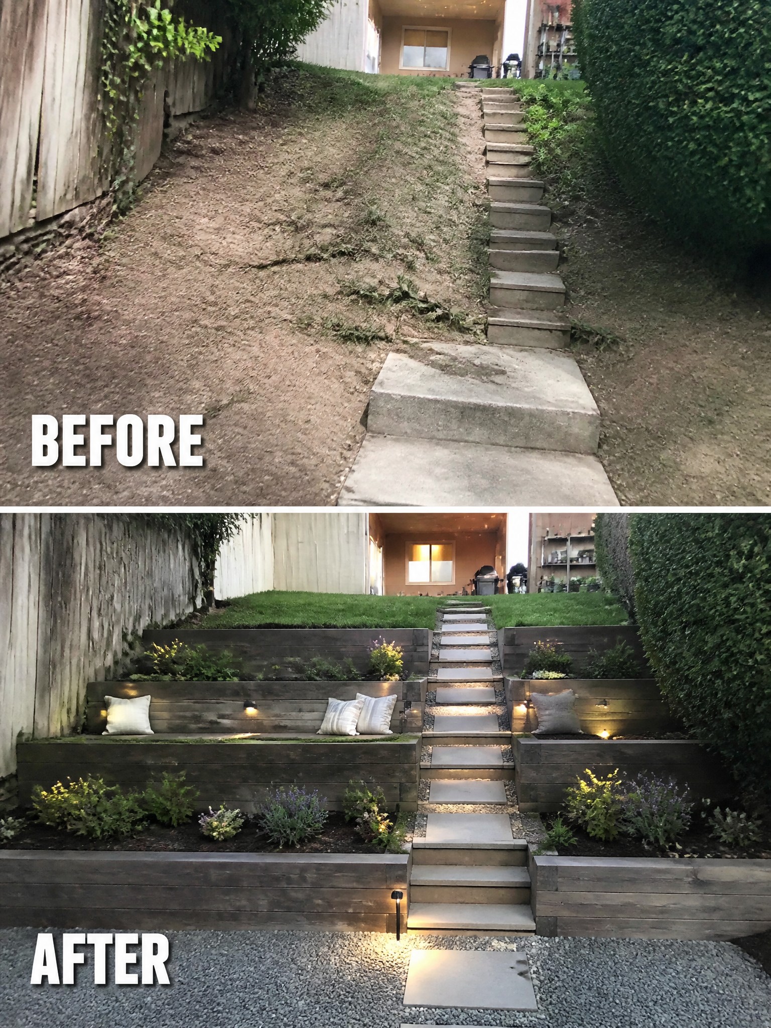 Before: a bare slope; After: landscaped steps with wooden borders, plants, and lights.