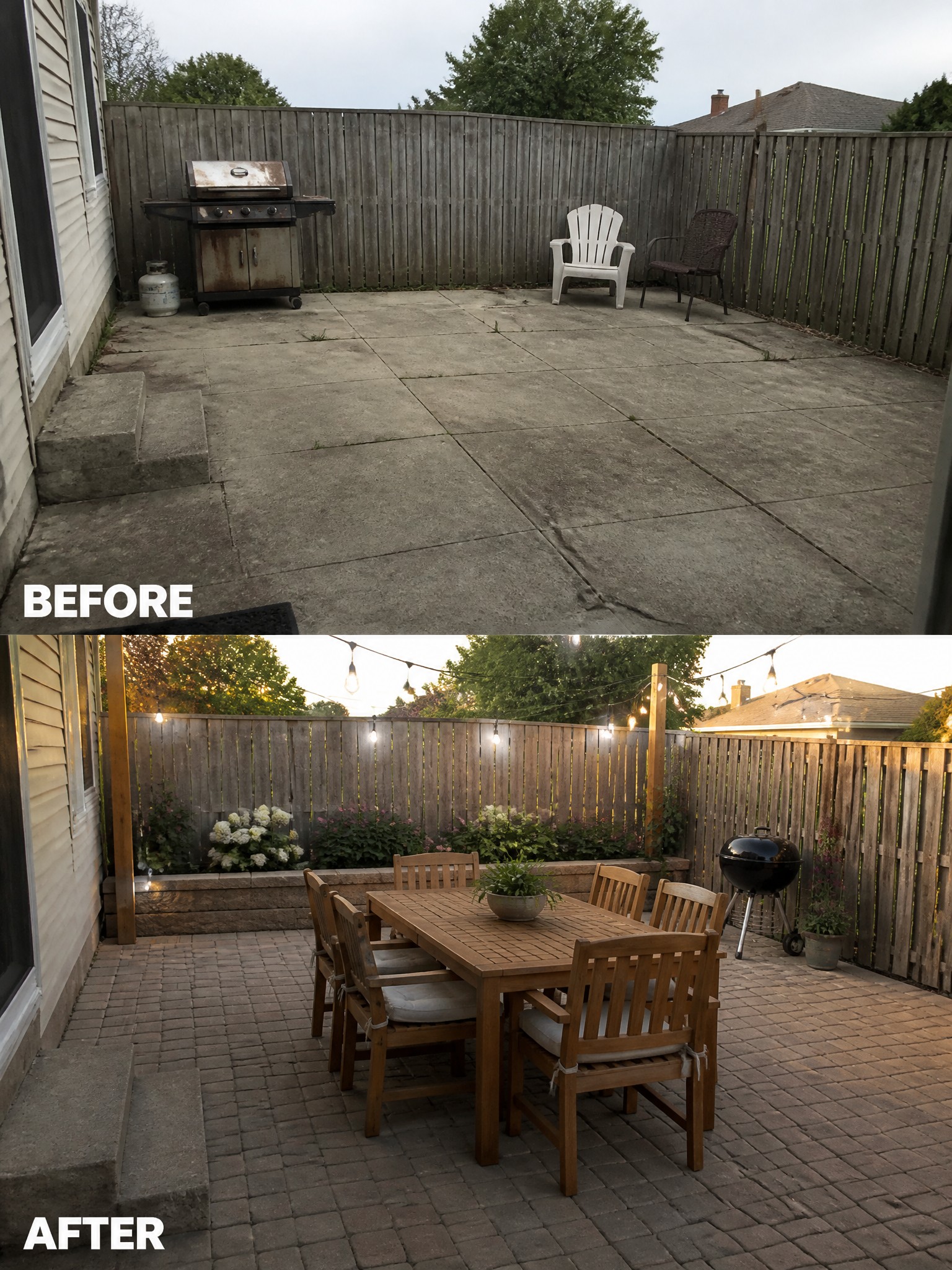 Before and after of a patio: old concrete transformed with pavers, wooden furniture, and greenery.