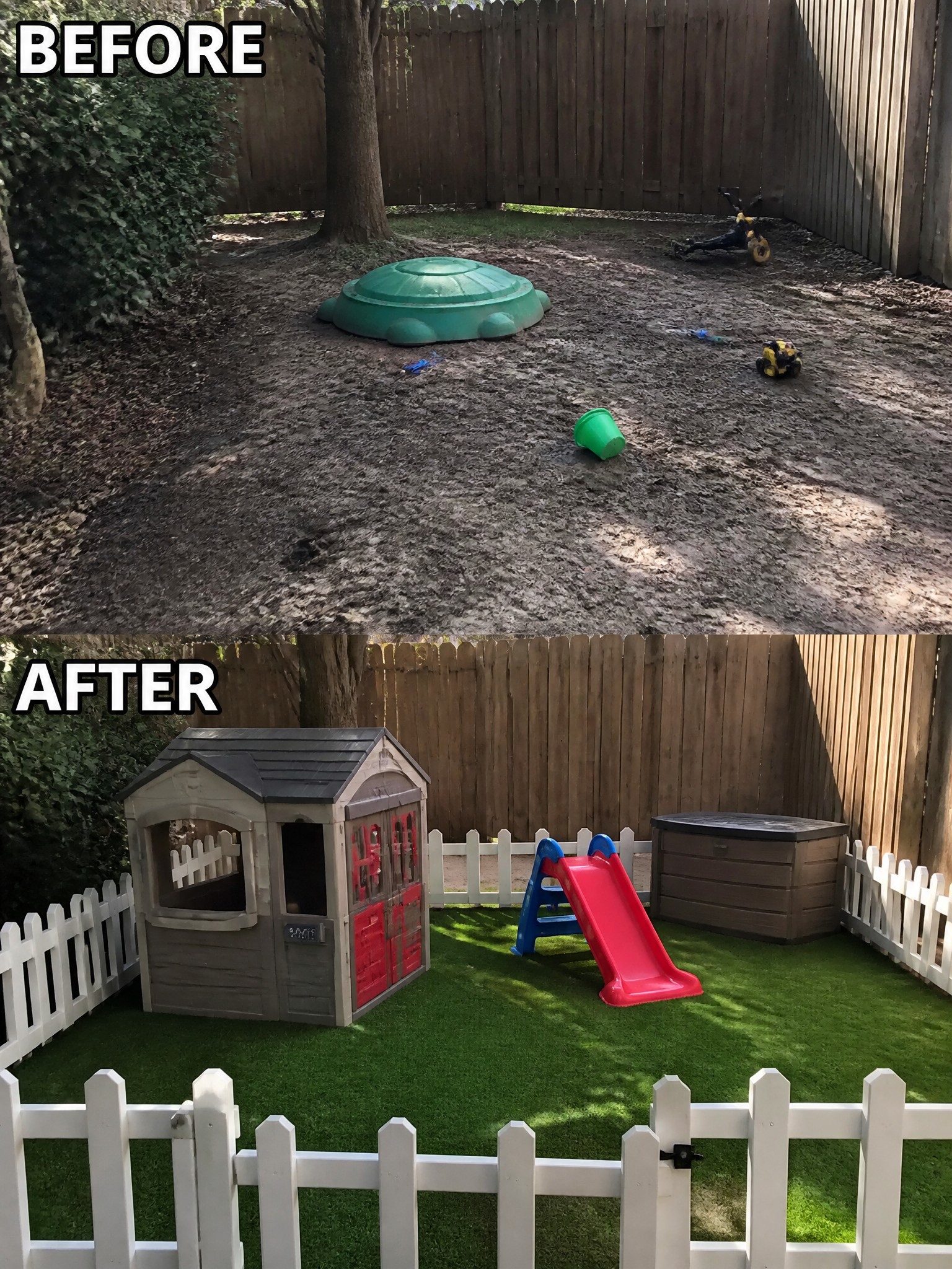 Backyard transformation featuring a playhouse, slide, and artificial grass within a white fence.