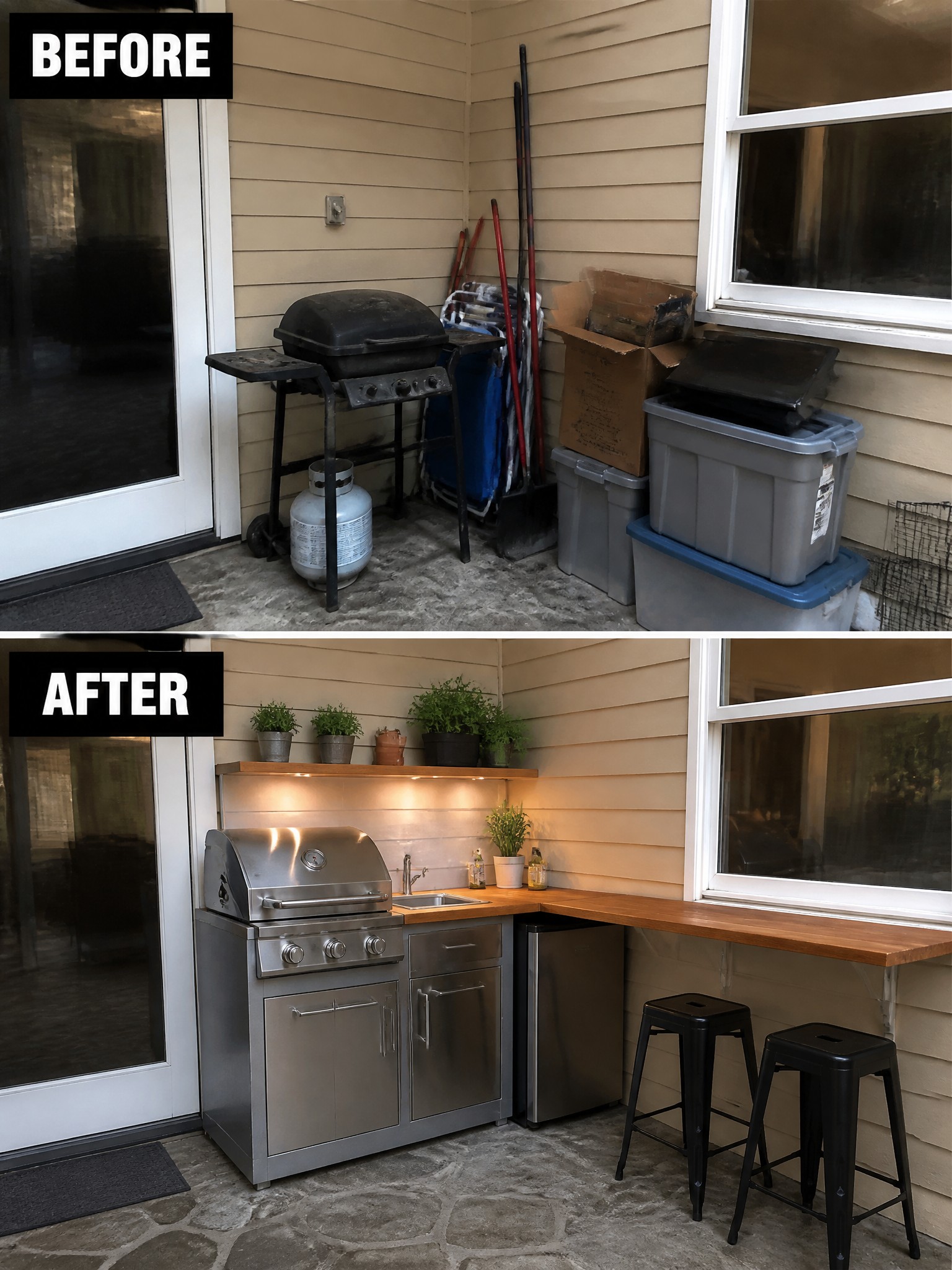 Before-and-after image of a cluttered patio corner changed into an outdoor kitchen with a stainless steel grill, wooden counter, stools, and mini-fridge.
